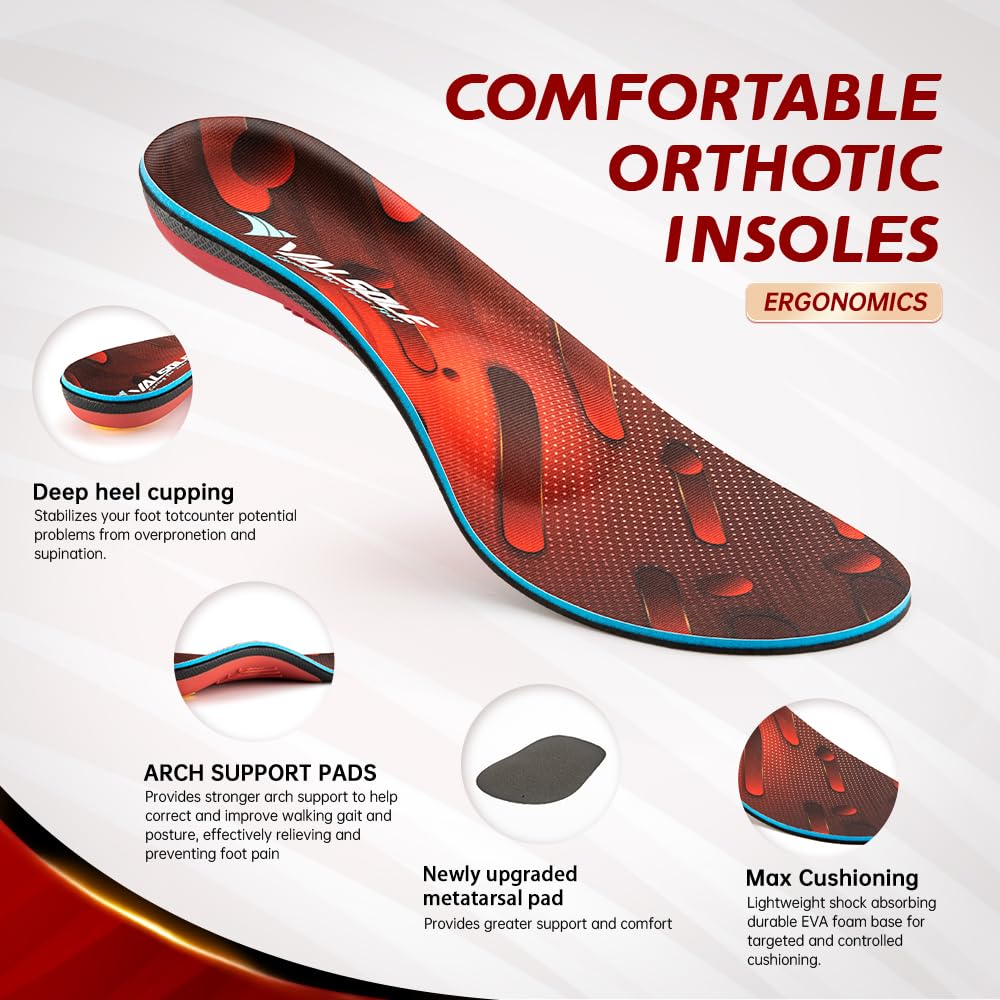VALSOLE Heavy Duty Support Pain Relief Orthotics - 220+ lbs Plantar Fasciitis High Arch Support Insoles for Men Women,Flat Feet Orthotic Insert,Work Boot Shoe Insole,Absorb Shock with Every Step(Red) - Image 6