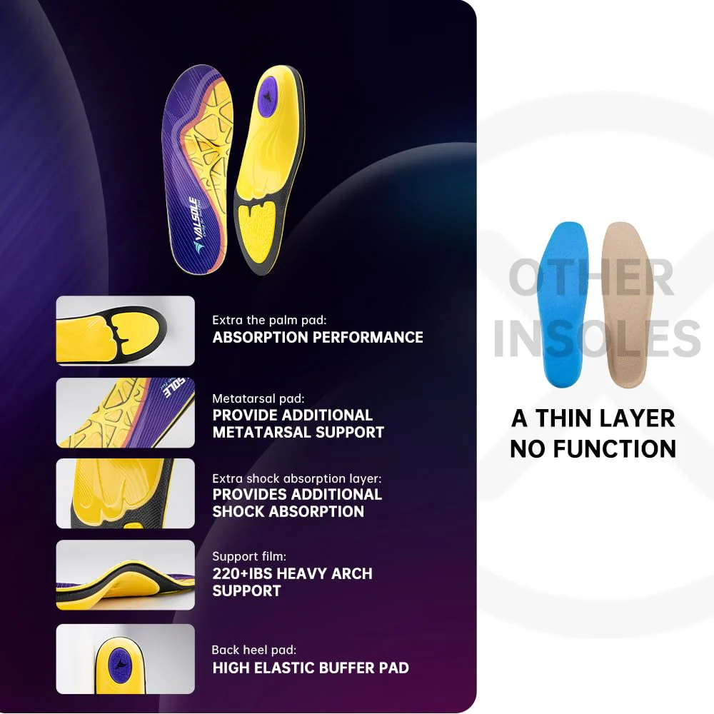 VALSOLE Plantar Fasciitis Insoles for Men Women - 220+lbs Heavy Duty Support Pain Relief Orthotics - High Arch Insoles - for Flat Feet - Metatarsalgia - Arch Pain - Heel Pain - Work Boot Shoe Insole - Image 6