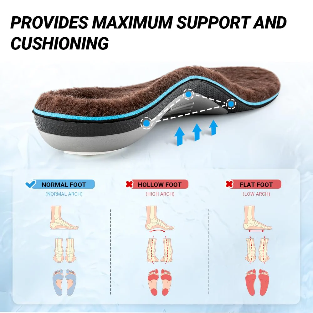 VALSOLE Winter Thermal Wool Insoles,Heavy Duty Support Pain Relief Orthotics Plantar Fasciitis High Arch Support Insoles,for Men Women Work Boot Shoe Insole Warm Insoles (Brown) - Image 3