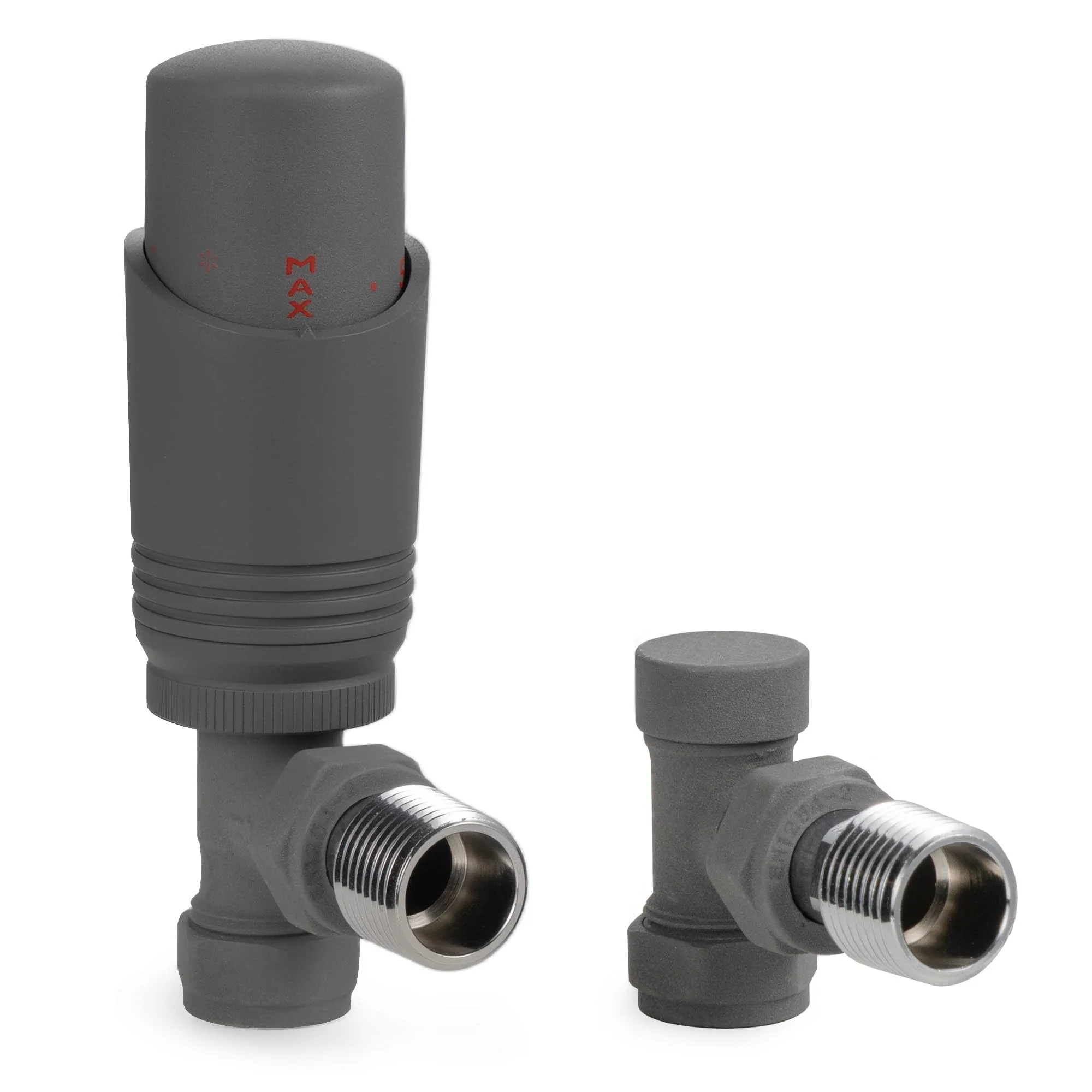VANCOCO Anthracite Grey Thermostatic Radiator Valves 15mm (TRV) with Lockshield, 1/2"×15mm Angled Radiator Thermostat Valve, H62 Brass, Energy Saving Modern TRV for Central Heating Syetem