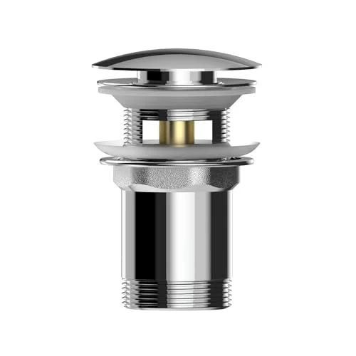 VANCOCO Drain Set Washbasin with Overflow (chrome), Washbasin Drain with Replacement Seal, Push Open Drain Valve, Brass