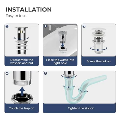 VANCOCO Drain Set Washbasin with Overflow (chrome), Washbasin Drain with Replacement Seal, Push Open Drain Valve, Brass - Image 3