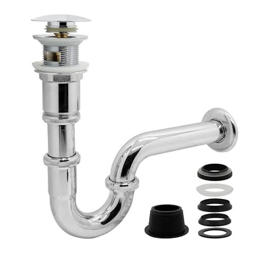 VANCOCO Washbasin Waste Set with Overflow (chrome), Universal Siphon Washbasin with pop-up Waste Valve, Brass Washbasin Waste Set