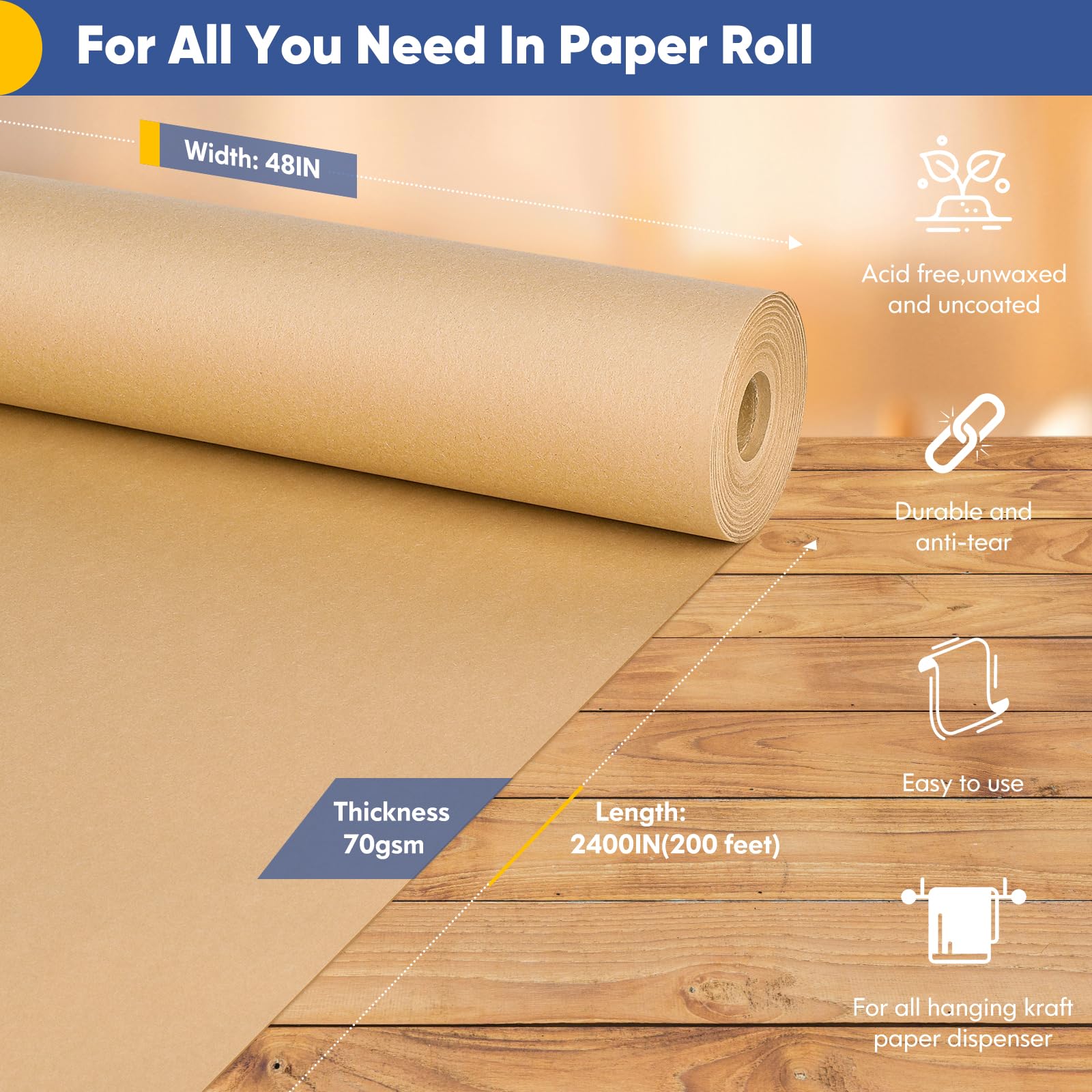 Vanhench 48"x 2400" (200') Brown Jumbo Roll Wrapping Paper, Kraft Craft Paper Roll for Bulletin Board Kids Arts Crafts Packing Shipping Poster Construction, Thanksgiving Christmas Wrapping Paper - Image 6