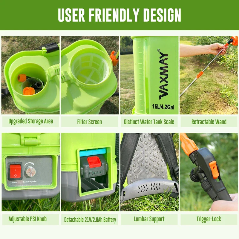 VAXMAY Battery Powered Backpack Sprayer 4 Gallon, VAXMAY 100 PSI Electric Graden Sprayer Works with Makita 18V Battery, Weed Yard Sprayer with Telescopic Wand, 5 Nozzles, 2.6 Ah Battery & Charger Included - Image 5