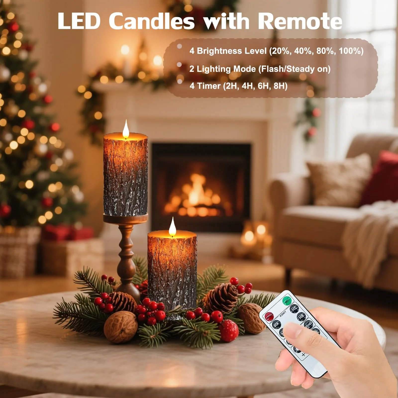VEEKI Flameless Candles Lights, Set of 2 6"x3" Pine Bark Flickering LED Candles with Remote & Timer, Dimmable Pillar Candles Battery Operated, Real Wax Electric Candle for Christmas Winter Home Decor - Image 5