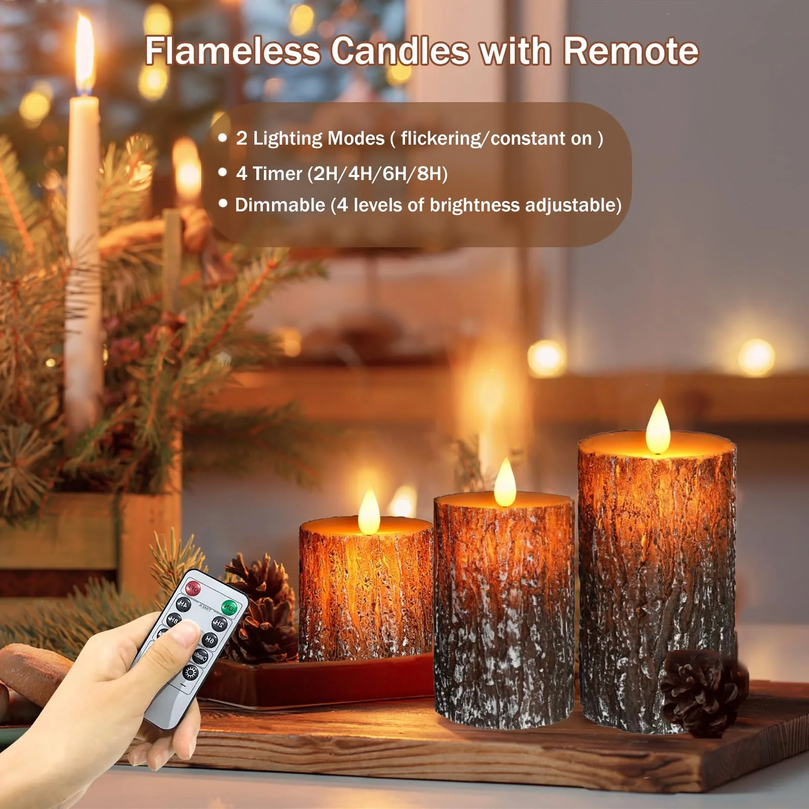 VEEKI Flameless Candles Lights, Set of 3 Battery Operated Flickering Flameless Candles with Remote & Timer, Dimmable LED Pillar Candles, Pine Bark Electric LED Candles for Christmas Winter Home Decor - Image 6