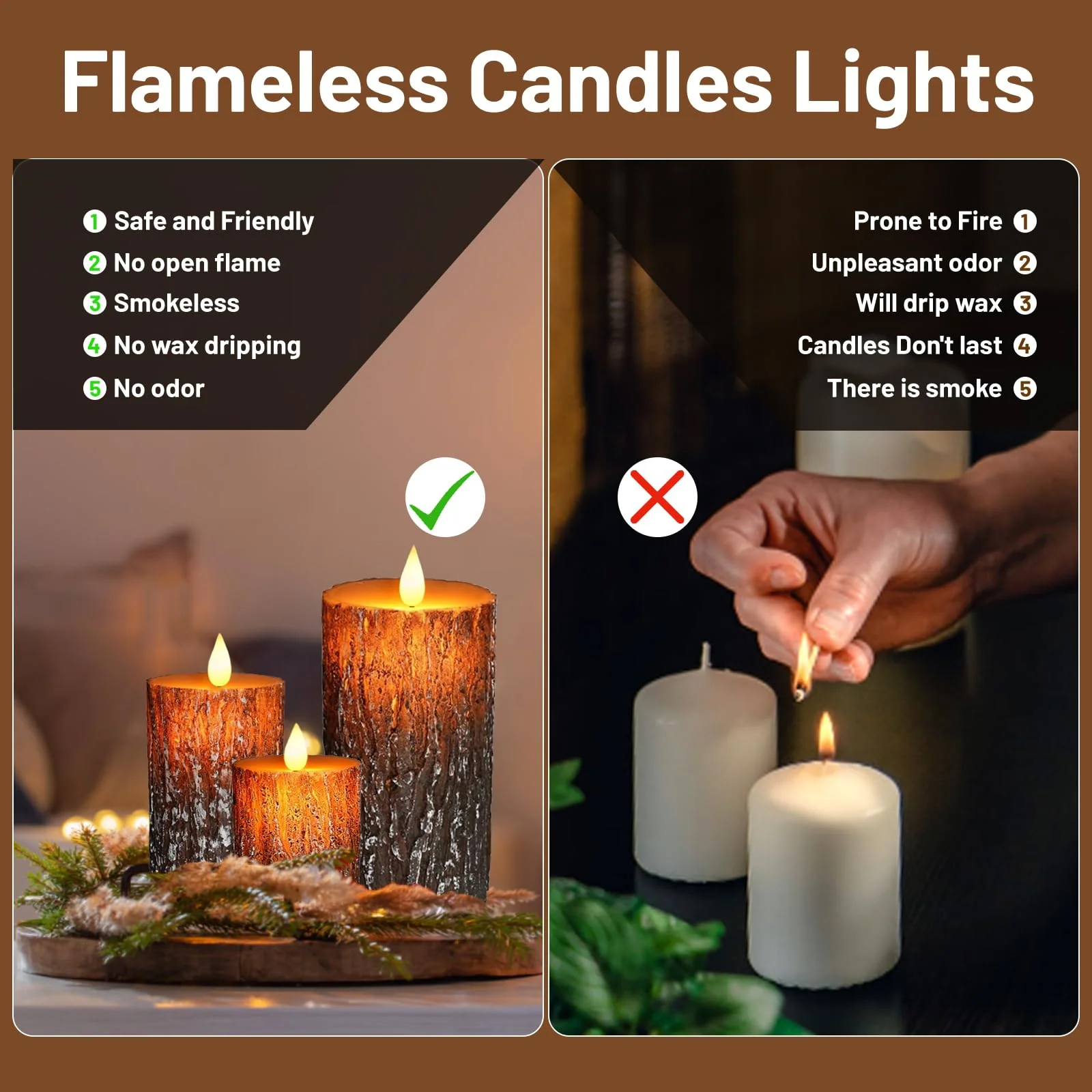 VEEKI Flameless Candles Lights, Set of 3 Battery Operated Flickering Flameless Candles with Remote & Timer, Dimmable LED Pillar Candles, Pine Bark Electric LED Candles for Christmas Winter Home Decor - Image 7
