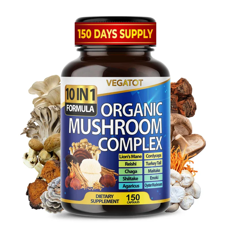 VEGATOT 10 in 1 High Strength Mushroom Supplement - Lions Mane, Cordyceps, Reishi - Brain Supplements for Memory and Focus ** 5-Month Supply