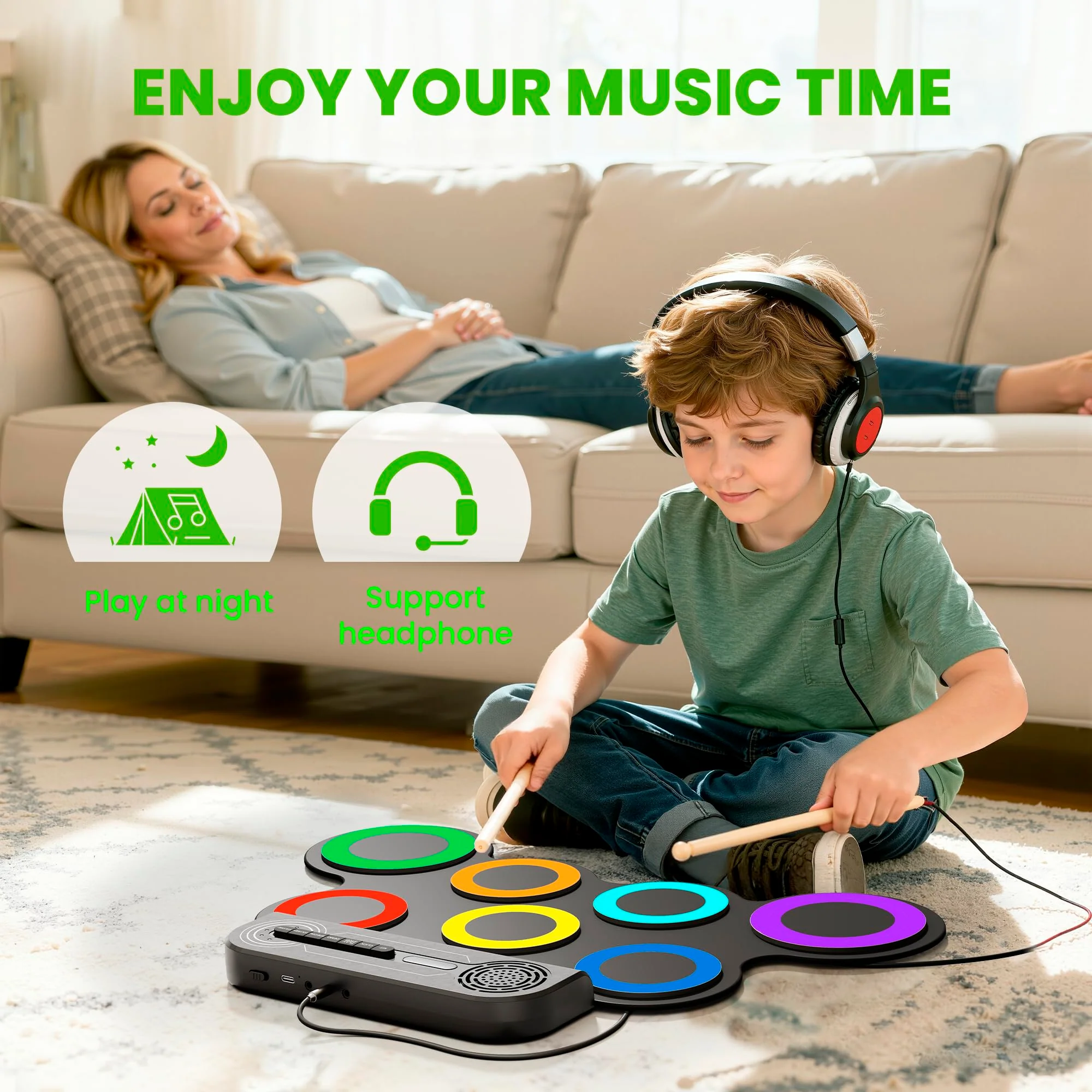 VerkTop Electric Drum Set Built-in Speaker, Kids Electronic Drum Practice Pad Kit, Portable Roll Up Drum Machine with 2 Foot Pedals, Drumsticks, Great Birthday Christmas Gifts for Girls Boys - Image 6