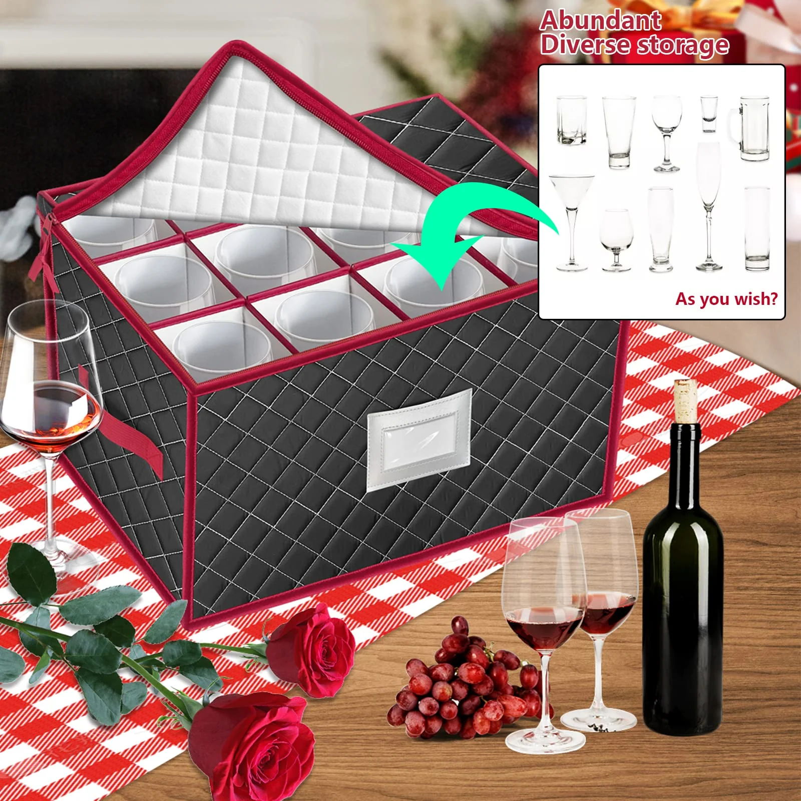 VERONLY Christmas Stemware Storage Cases with Dividers- Holds 24 Wine Glass Storage or Crystal Glassware Containers, China Storage Containers with 2 Handles and Lable Window -Set of 2 Black - Image 3