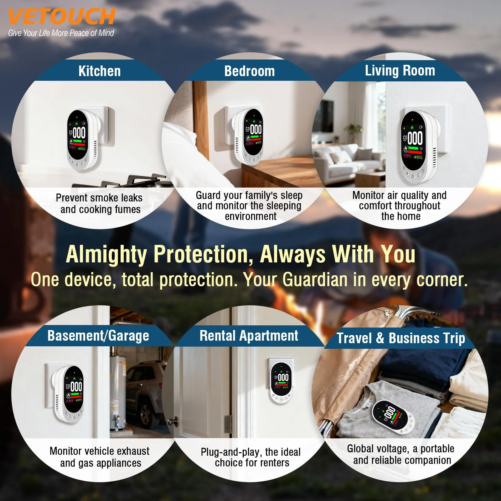 VETOUCH 4-in-1 Plug-in Smoke & Carbon Monoxide Alarms with Digital Display Monitors CO, Smoke, Temperature, Humidity, 85dB Loud Alarm, Self-Test, Adjustable Sensitivity, for Home, Kitchen, RV - Image 2