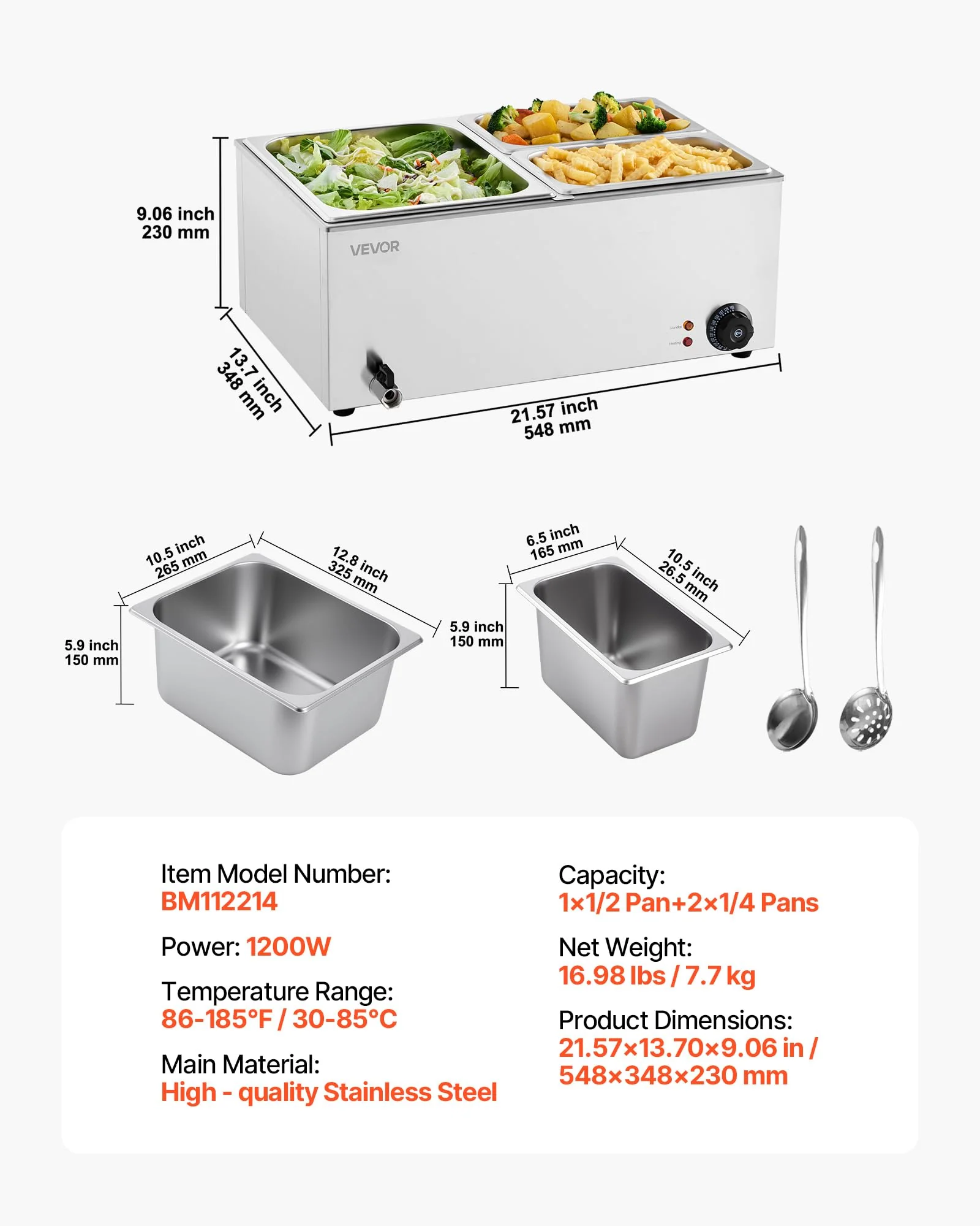 VEVOR 3-Pan Commercial Food Warmer, 24QT Electric Steam Table, 1200W Professional Countertop Stainless Steel Buffet Bain Marie with 86-185°F Temp Control for Catering and Restaurants, Silver - Image 4