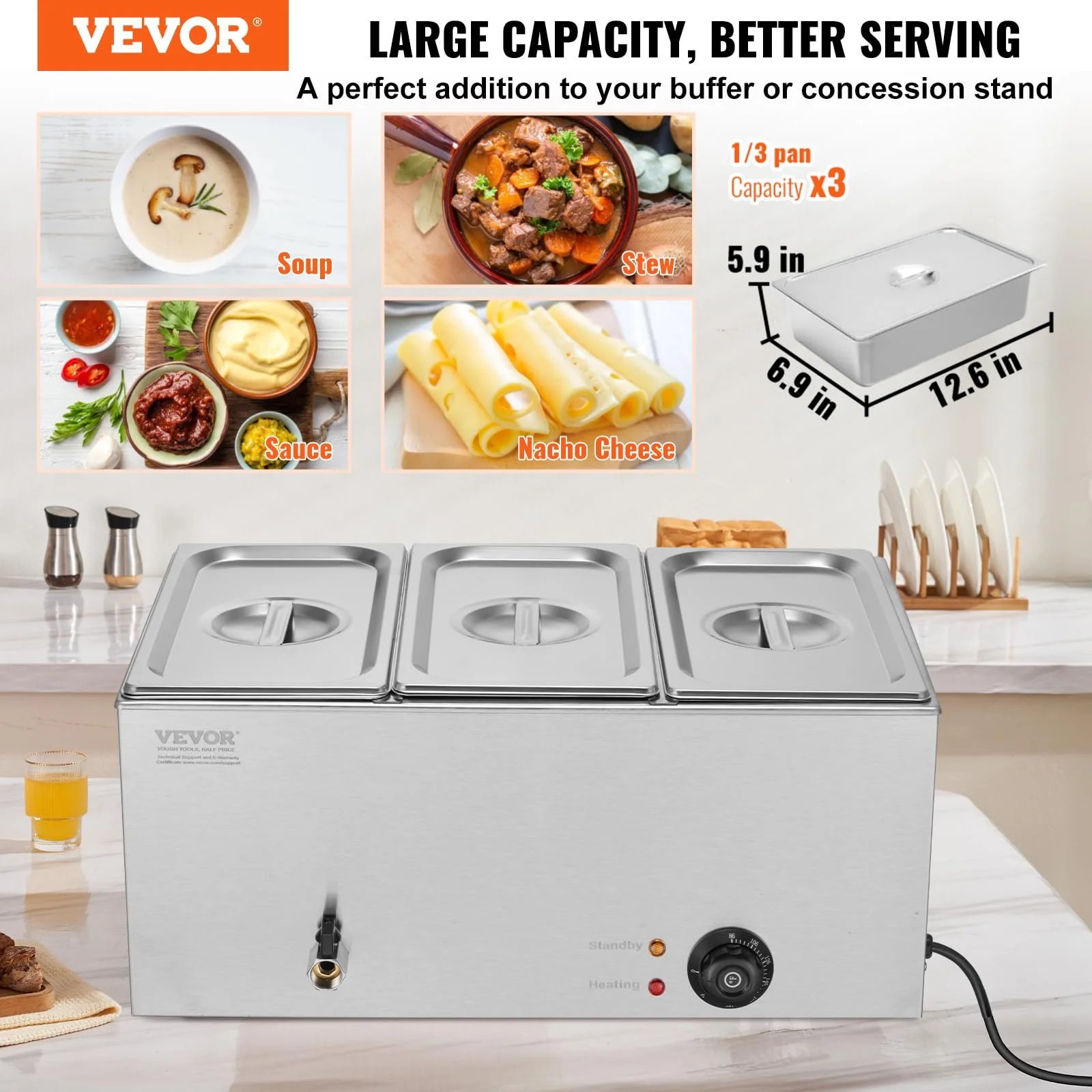 VEVOR 3-Pan Commercial Food Warmer, 24QT Electric Steam Table, 1200W Professional Countertop Stainless Steel Buffet Bain Marie with 86-185°F Temp Control for Catering and Restaurants, Silver - Image 9