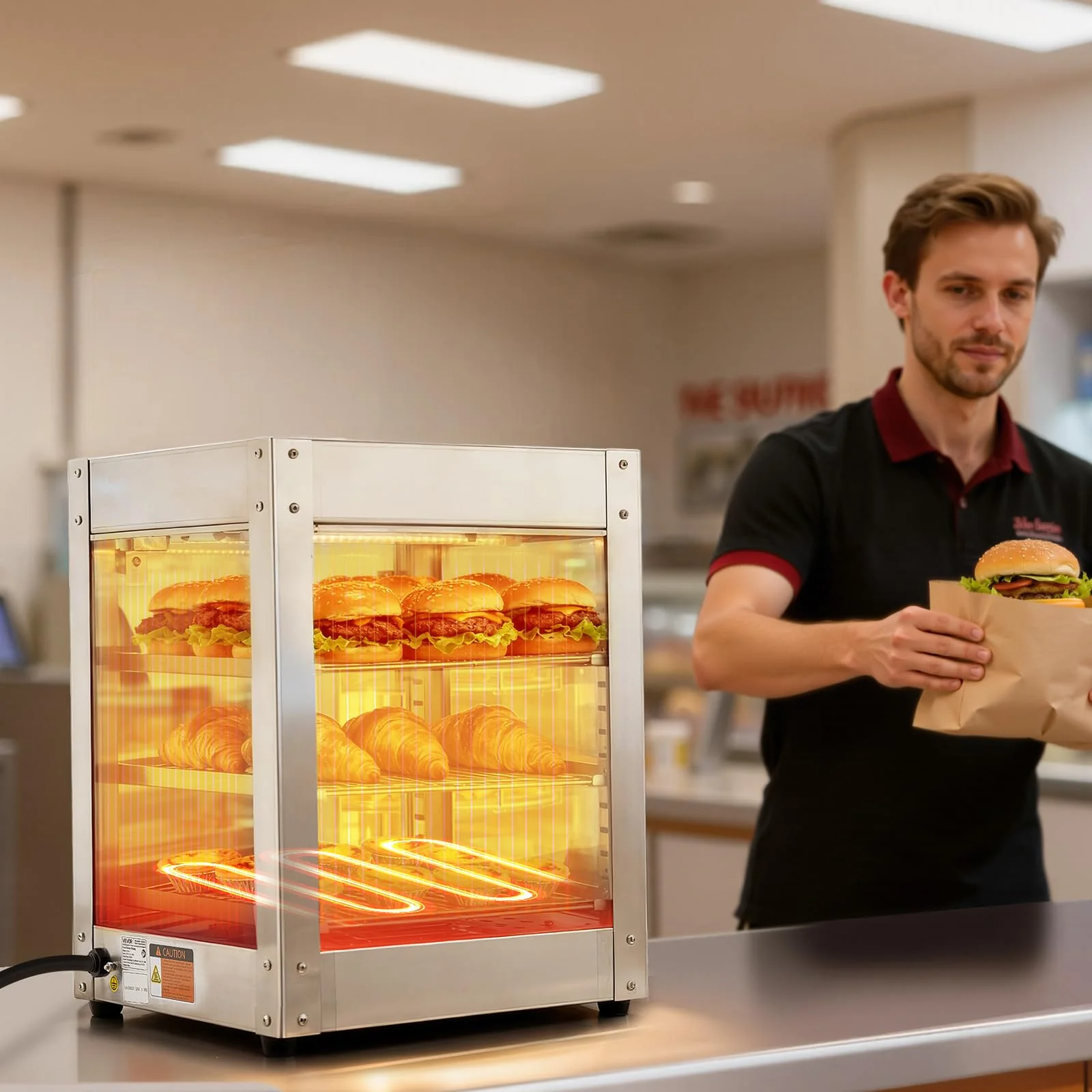 VEVOR 3-Tier Commercial Food Warmer Display, 800W Food Display Warmer with LED Light, Adjustable Shelf and Stainless Steel Frame, 86℉~185℉ Air Heating, 34L for Hamburger, Pizza, Bread, Fried Chicken - Image 3