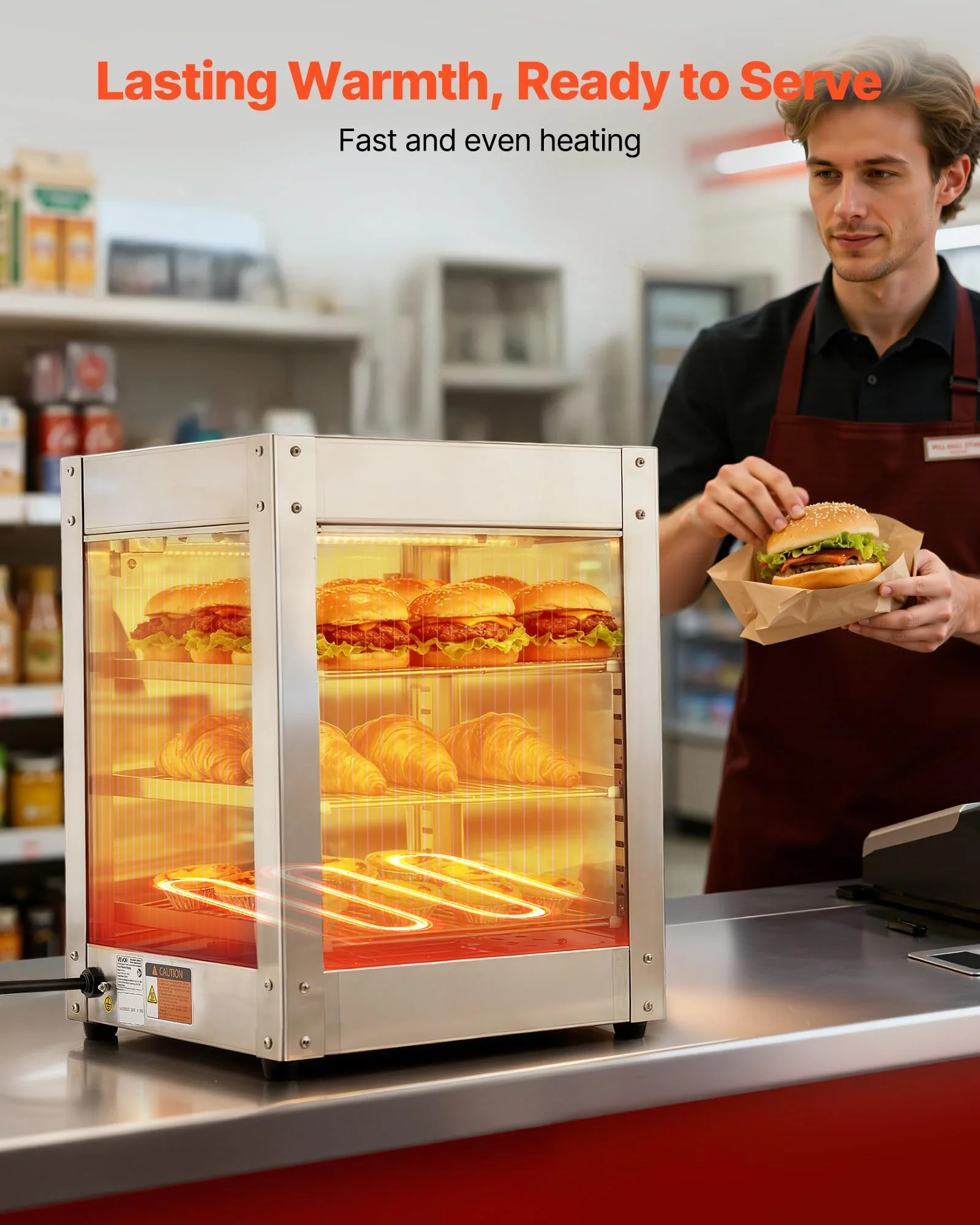 VEVOR 3-Tier Commercial Food Warmer Display, 800W Food Display Warmer with LED Light, Adjustable Shelf and Stainless Steel Frame, 86℉~185℉ Air Heating, 34L for Hamburger, Pizza, Bread, Fried Chicken - Image 9