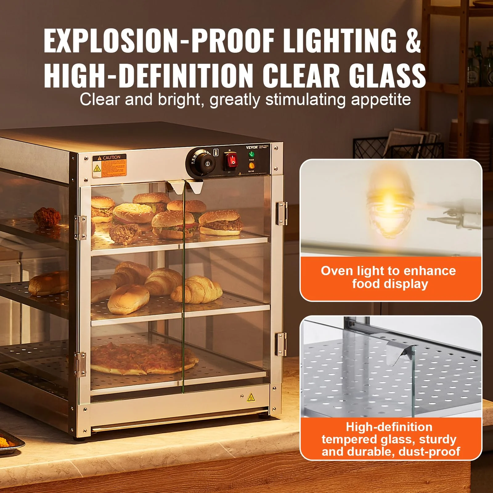 VEVOR 3-Tier Commercial Food Warmer Display, 800W Food Display Warmer with Light to Enhance Food Display, 86℉~185℉ Temperature Control, 90L Large Capacity for Hamburger, Pizza, Bread, Fried Chicken - Image 6