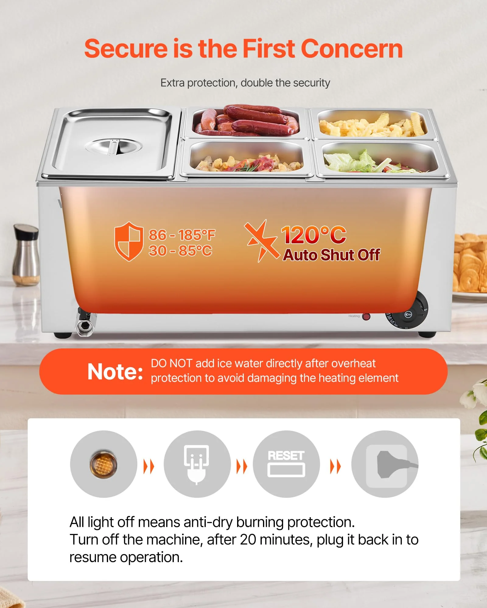 VEVOR 5-Pan Commercial Food Warmer, 24QT Electric Steam Table, 1200W Professional Countertop Stainless Steel Buffet Bain Marie with 86-185°F Temp Control for Catering and Restaurants, Silver - Image 4