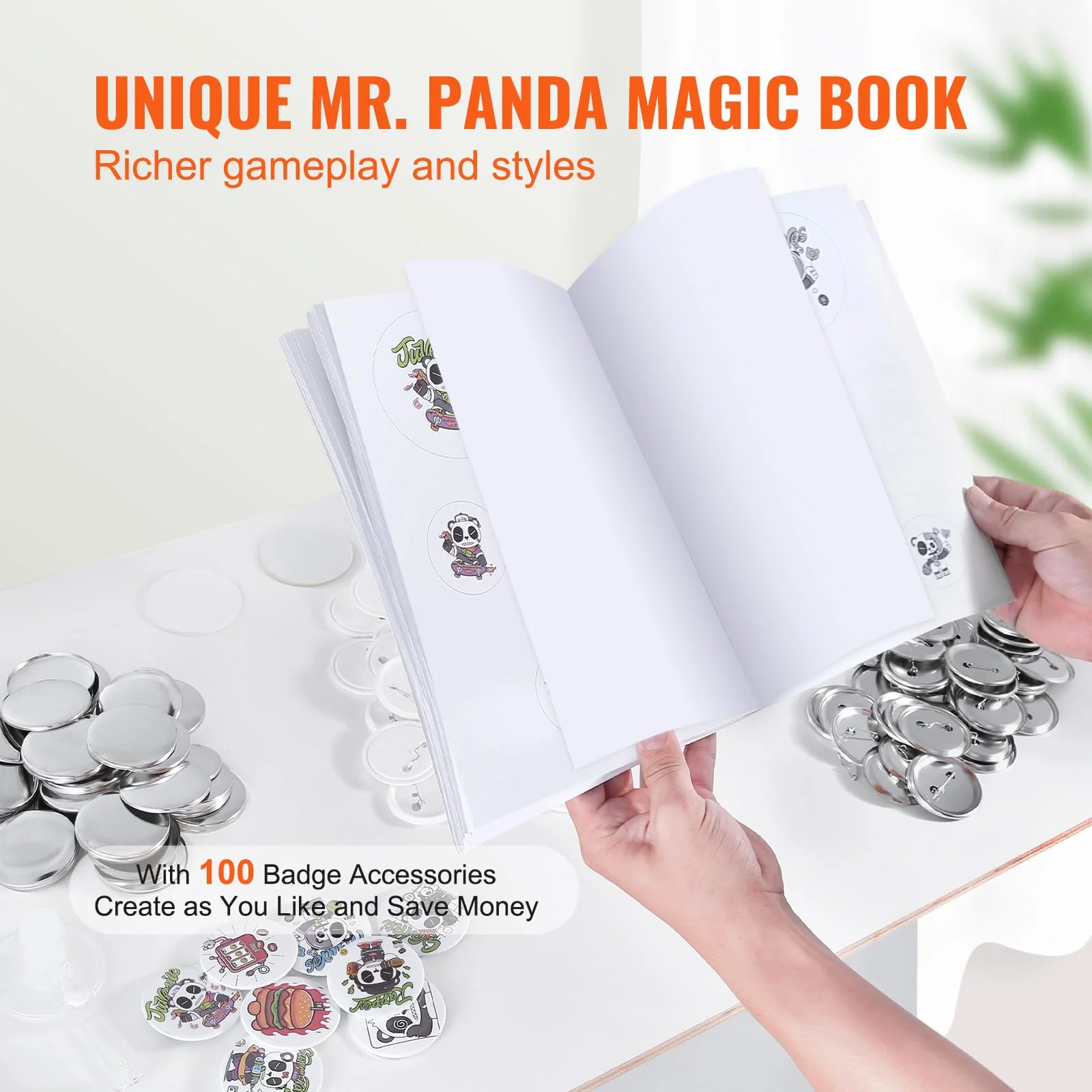 VEVOR Button Maker Machine, 2.25 inch/58mm Pin Maker with 100pcs Button Parts, Button Maker with Panda Magic Book, Ergonomic Arc Handle Punch Press Kit, for Children DIY Gifts and Christmas - Image 3