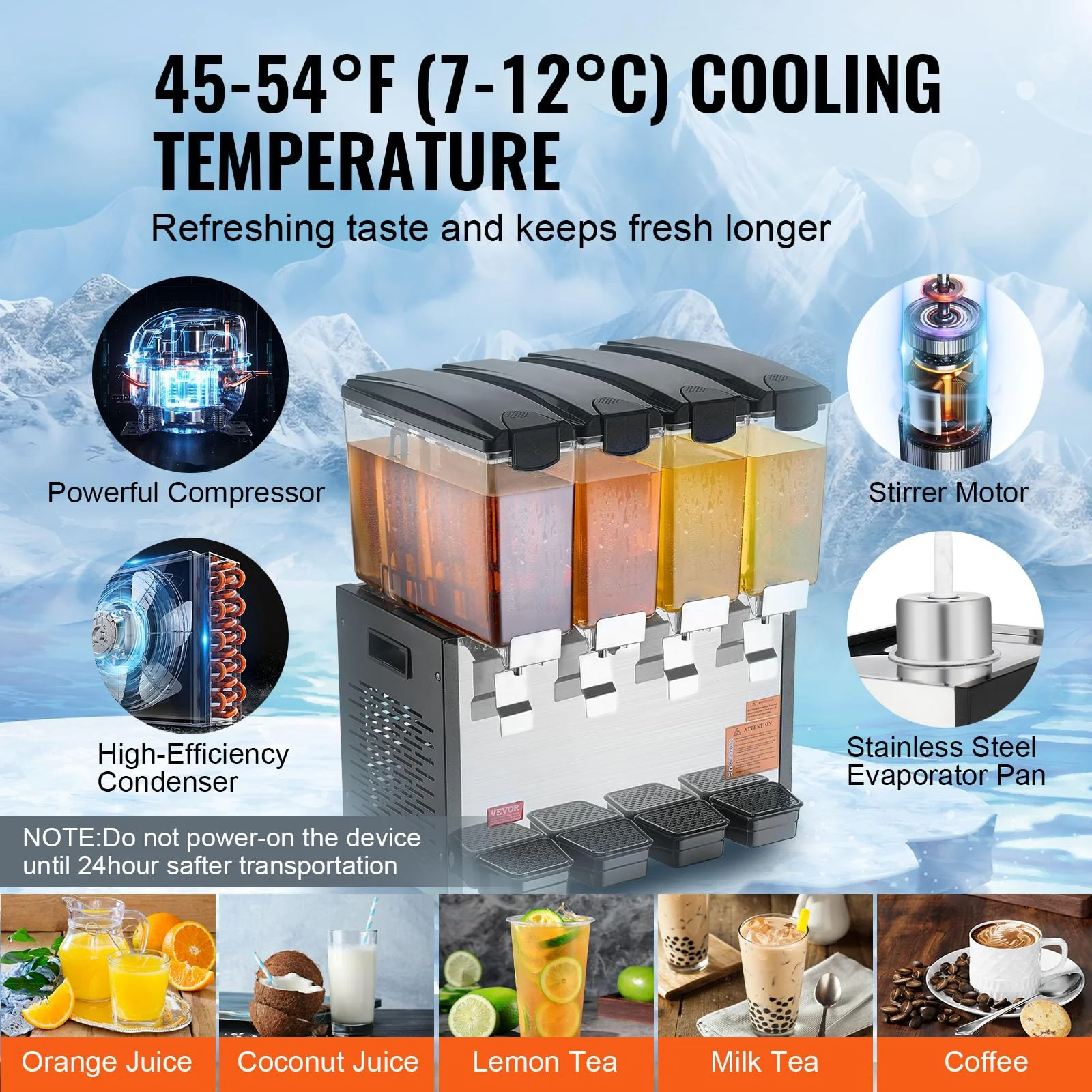 VEVOR Commercial Beverage Dispenser, 4 Tanks 10 L / 10.6 QT Per Tank Juice Dispenser, 430W Stainless Steel Ice Tea Drink Machine with 45°F-54°F Cooling Temperature, for Cold Drink Restaurant Bar Party - Image 8