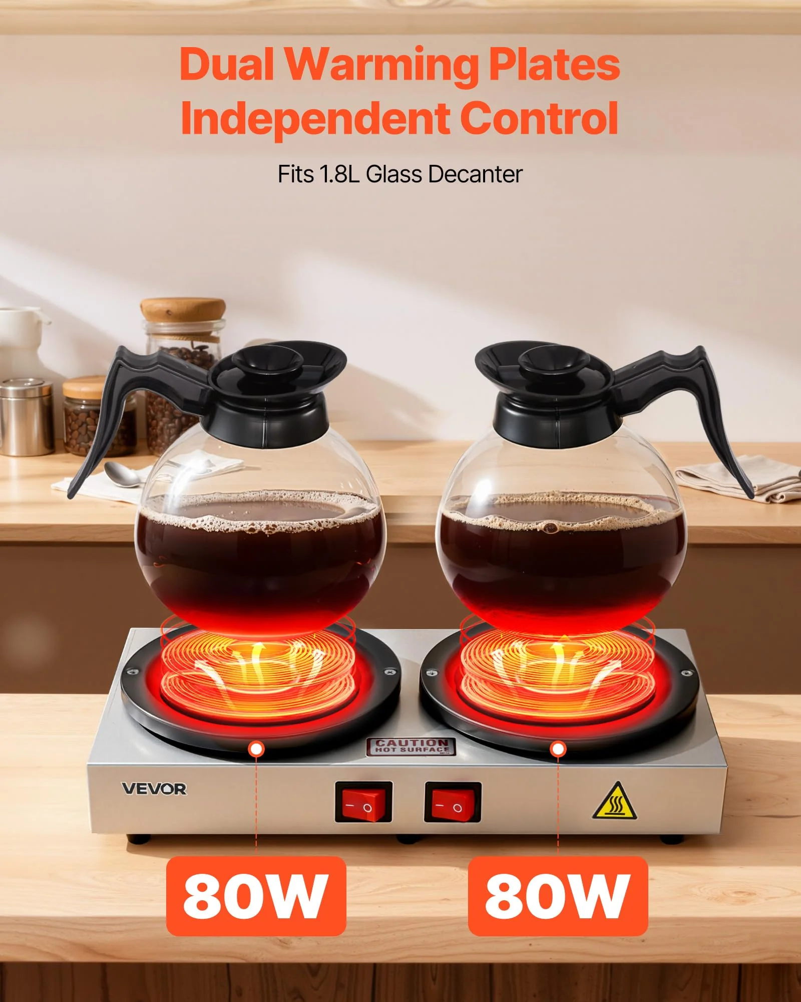 VEVOR Commercial Coffee Decanter Warm Plate, 80W x 2 Coffee-Carafe Warmer, Dual Warming Plates with Independent Control, Fits 1.8L Standard Glass Decanter, for Coffee Shop, Home, Office & Restaurant - Image 9
