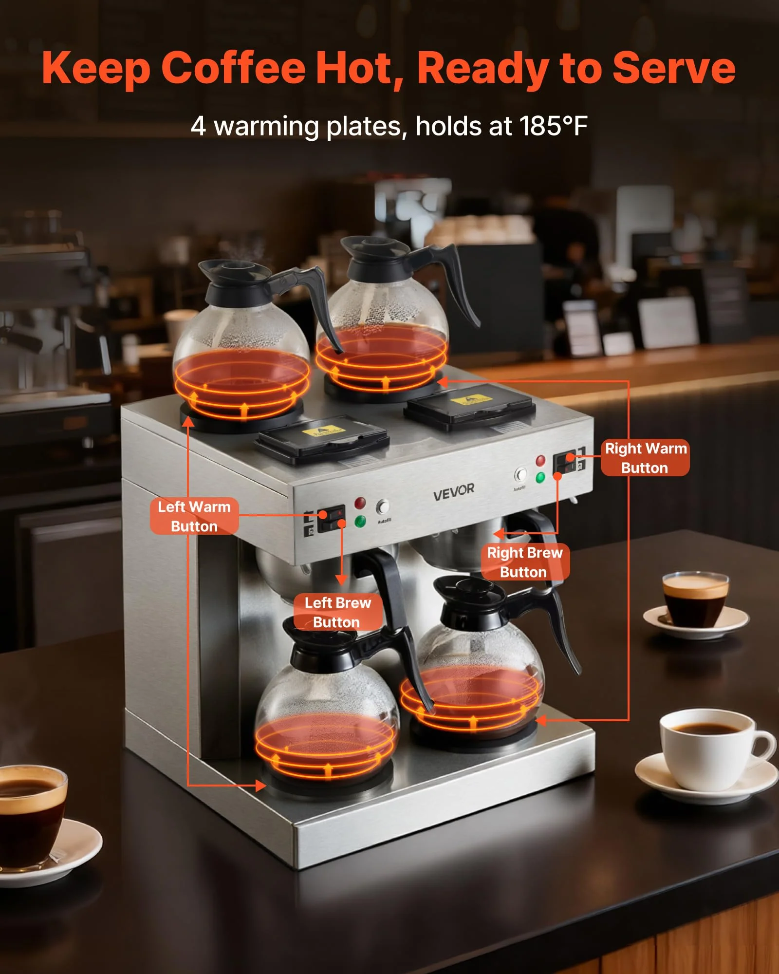 VEVOR Commercial Drip Coffee Maker, 24 Cups Coffee-Maker Machine with 4 Glass Carafes and 4 Decanter Warmer Plates, Stainless Steel Dual-Head Coffee Brewer, for Restaurant, Office, Coffee Shop & Home - Image 8