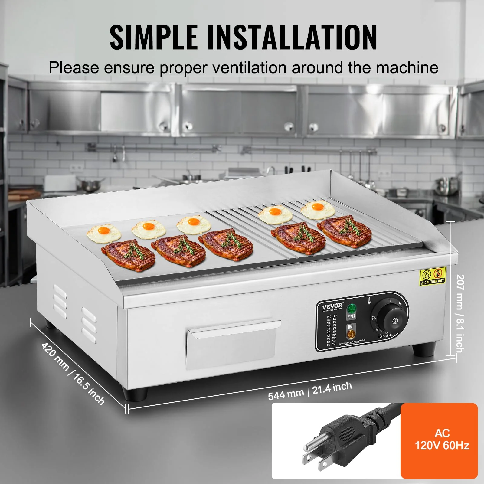 VEVOR Commercial Electric Griddle, 1600W Countertop Half-Flat Top Grill, 22in Stainless Steel Griddle Grill with 2 Shovels and 2 Brushes for Home or Restaurant, 122℉-572℉ Adjustable Temp - Image 6