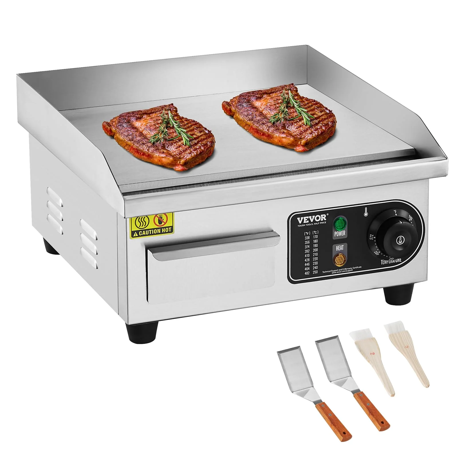 VEVOR Commercial Electric Griddle, 1700W Countertop Flat Top Grill, 14in Stainless Steel Griddle Grill with 2 Shovels and 2 Brushes for Home or Restaurant, 122℉-572 ℉ Adjustable Temp