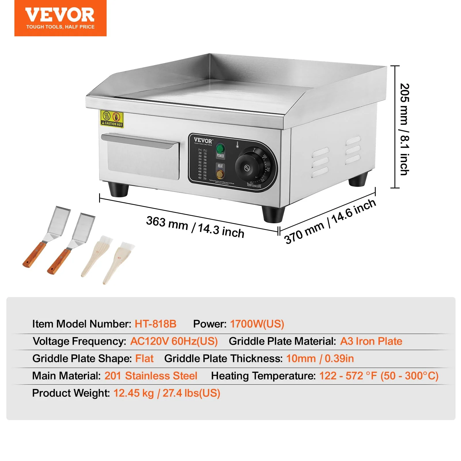 VEVOR Commercial Electric Griddle, 1700W Countertop Flat Top Grill, 14in Stainless Steel Griddle Grill with 2 Shovels and 2 Brushes for Home or Restaurant, 122℉-572 ℉ Adjustable Temp - Image 4