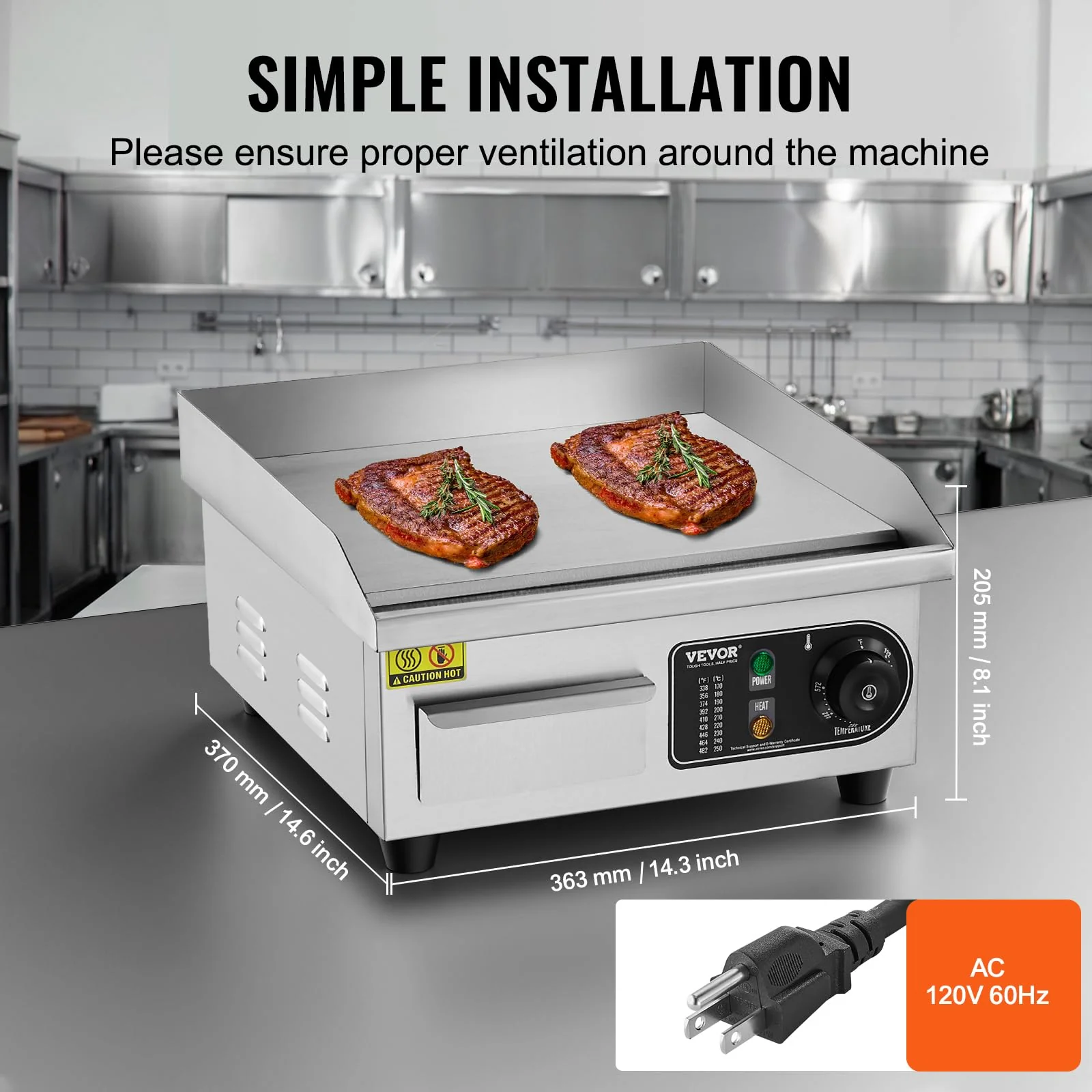 VEVOR Commercial Electric Griddle, 1700W Countertop Flat Top Grill, 14in Stainless Steel Griddle Grill with 2 Shovels and 2 Brushes for Home or Restaurant, 122℉-572 ℉ Adjustable Temp - Image 6
