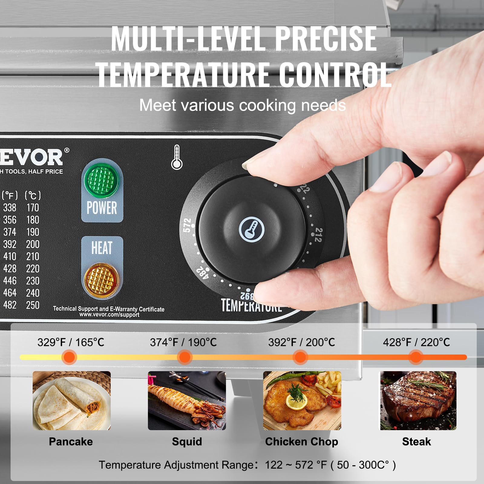 VEVOR Commercial Electric Griddle, 1700W Countertop Flat Top Grill, 18in Stainless Steel Griddle Grill with 2 Shovels and 2 Brushes for Home or Restaurant, 122℉-572 ℉ Adjustable Temp - Image 7