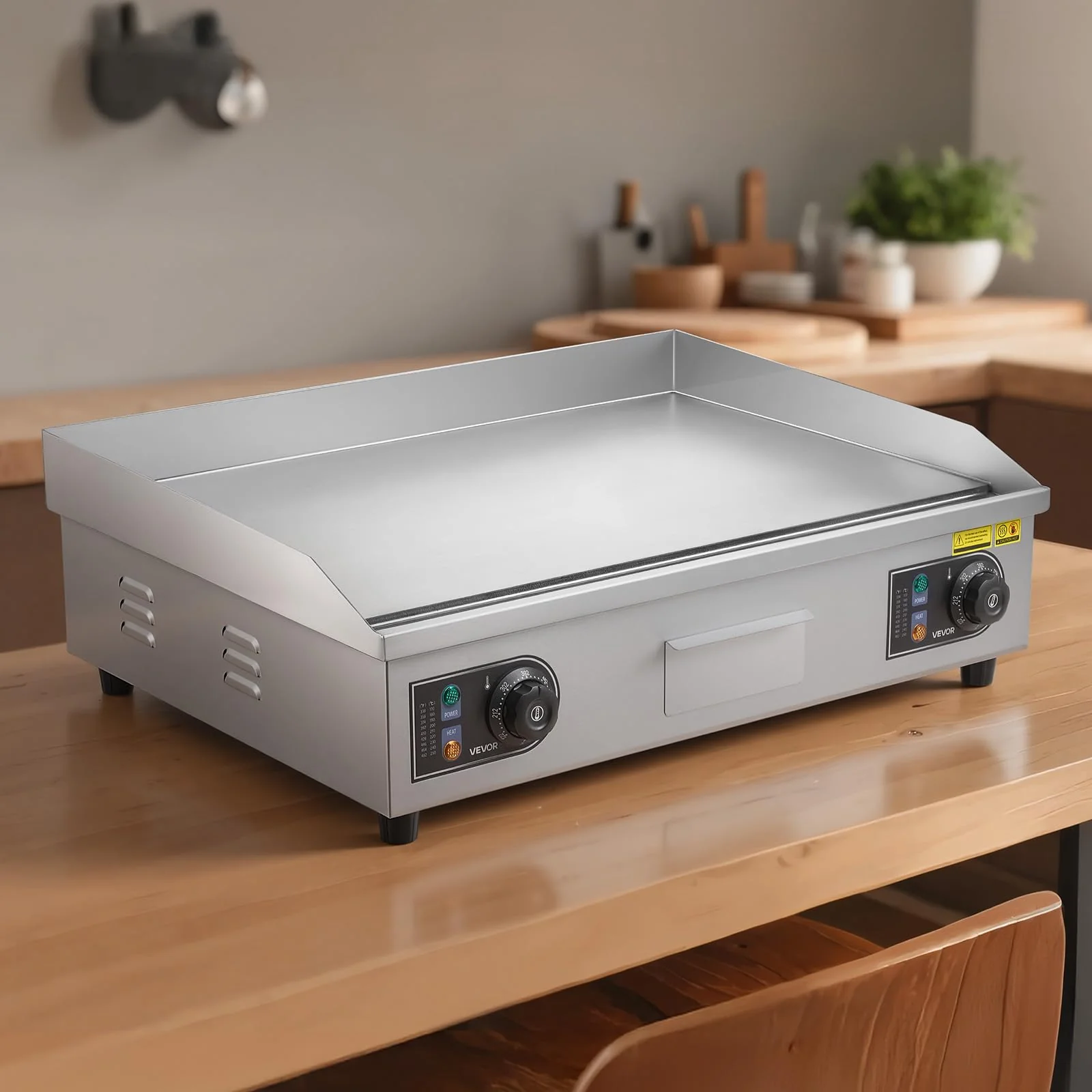 VEVOR Commercial Electric Griddle, 25.79 x 15.75 inch, 2800W, 122-570°F Adjustable Temp Control, Stainless Steel Body, Full Flat, with 2 Spatulas, 2 Brushes, and 4 Foot Pads, for Steak, Pancake - Image 3