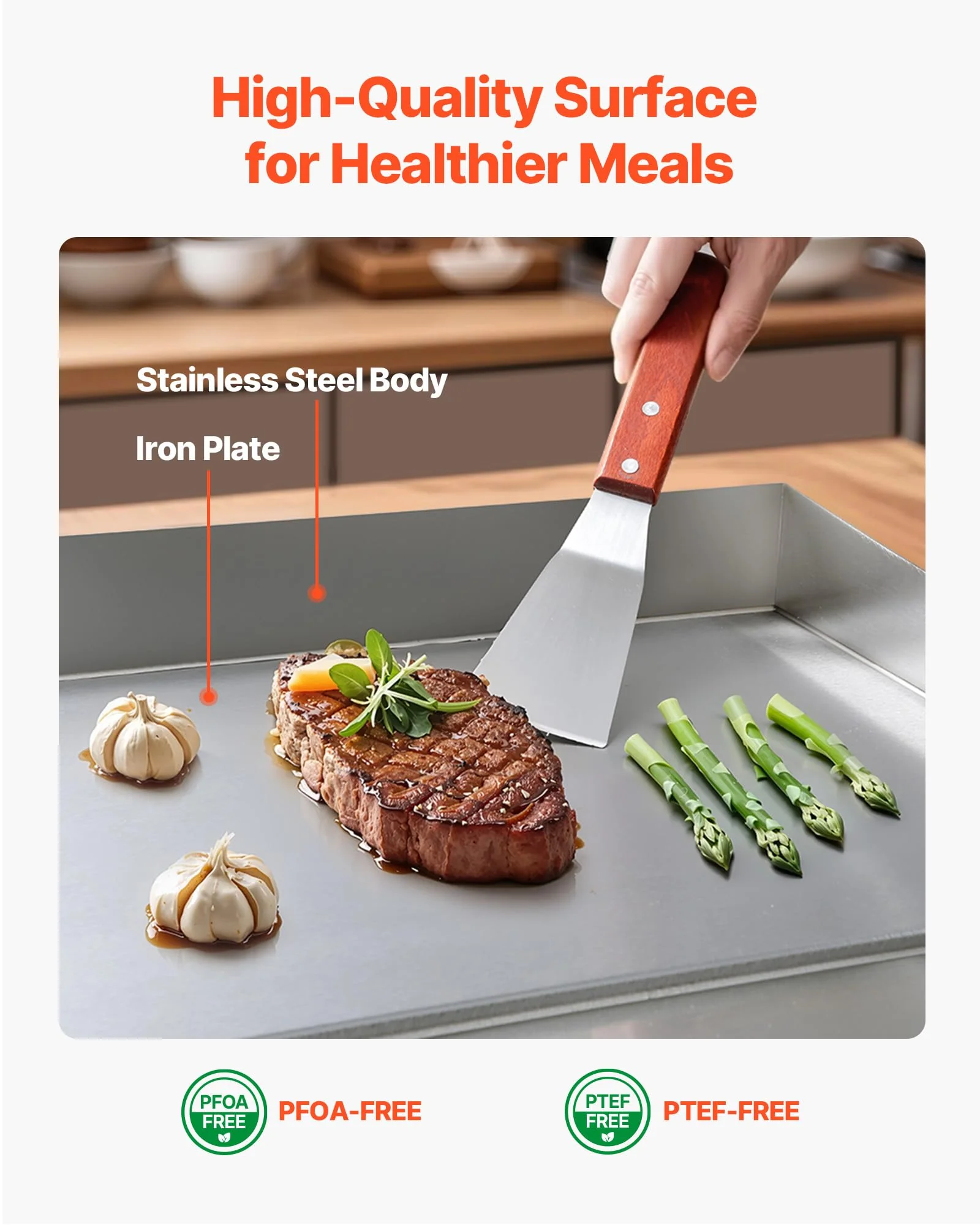 VEVOR Commercial Electric Griddle, 25.79 x 15.75 inch, 2800W, 122-570°F Adjustable Temp Control, Stainless Steel Body, Full Flat, with 2 Spatulas, 2 Brushes, and 4 Foot Pads, for Steak, Pancake - Image 6