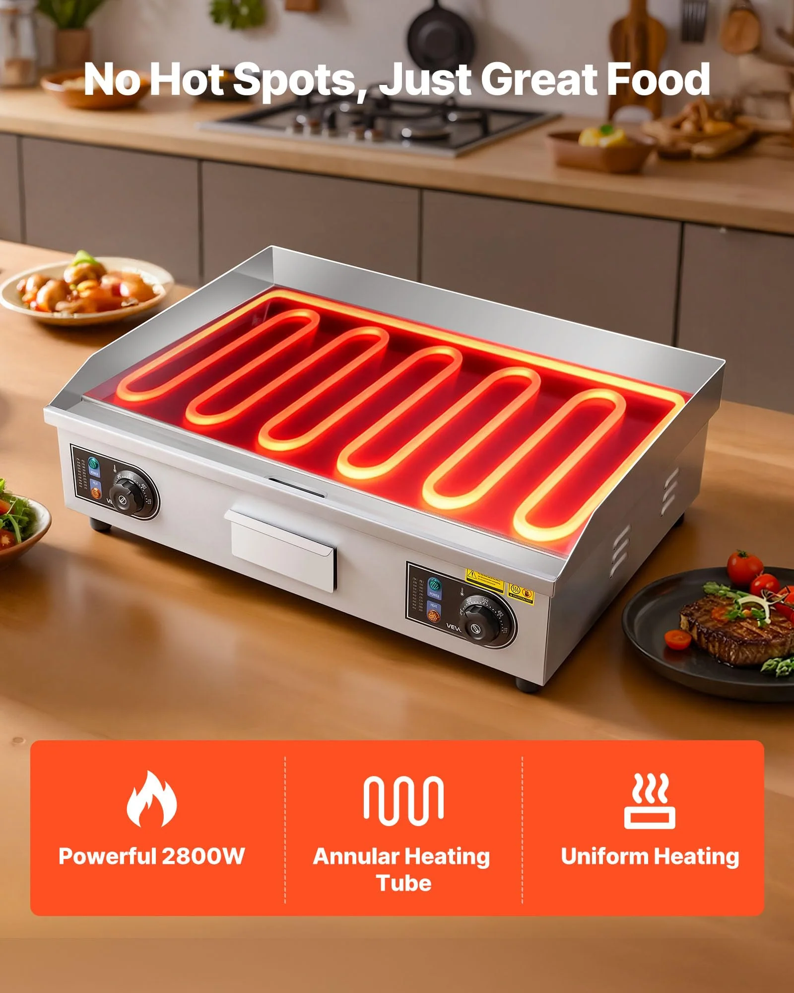 VEVOR Commercial Electric Griddle, 25.79 x 15.75 inch, 2800W, 122-570°F Adjustable Temp Control, Stainless Steel Body, Full Flat, with 2 Spatulas, 2 Brushes, and 4 Foot Pads, for Steak, Pancake - Image 8