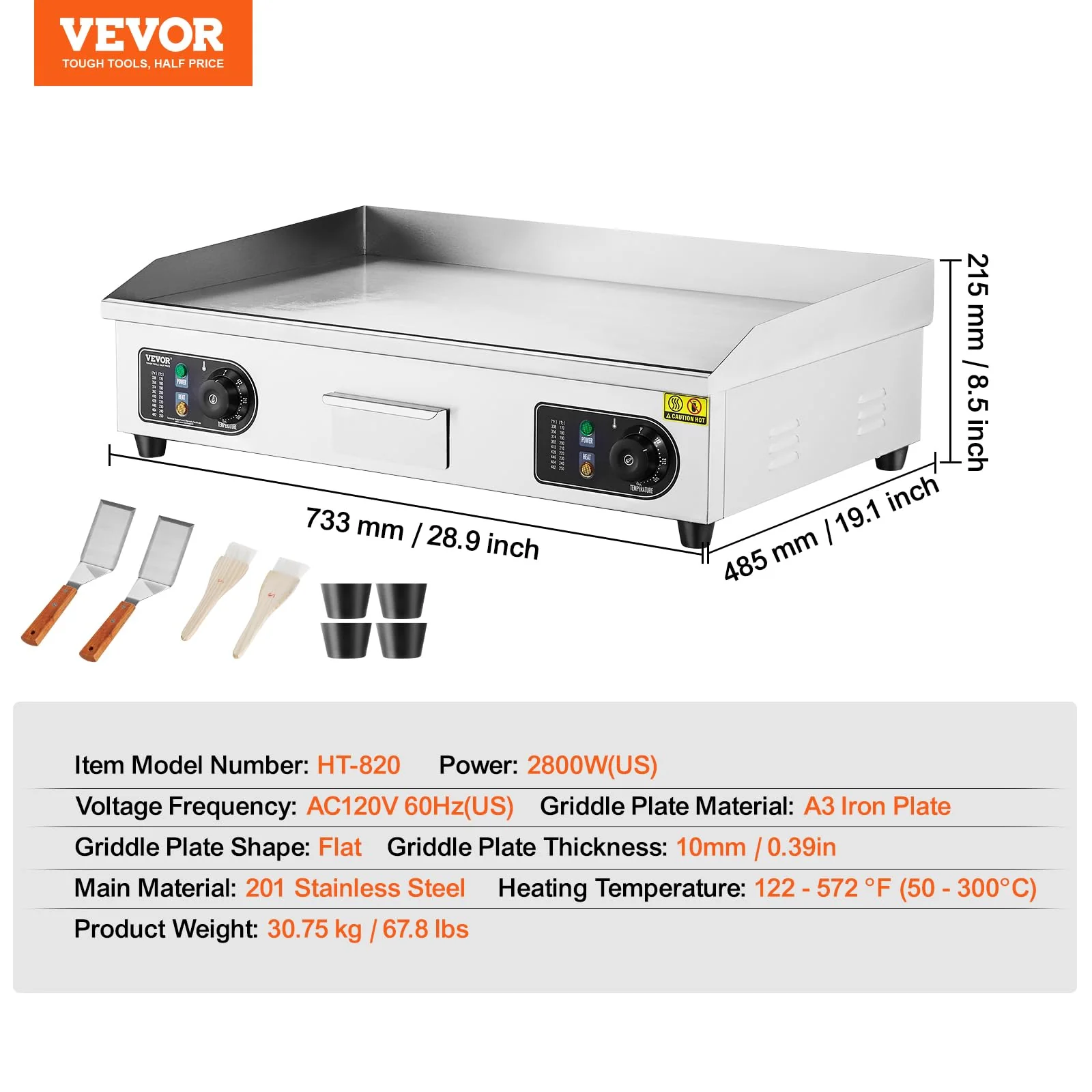 VEVOR Commercial Electric Griddle, 2800W Countertop Flat Top Grill, 122℉-572 ℉ Adjustable Temp, 29in Stainless Steel Griddle Grill with 2 Shovels and 2 Brushes for Home or Restaurant(110V No Plug) - Image 4