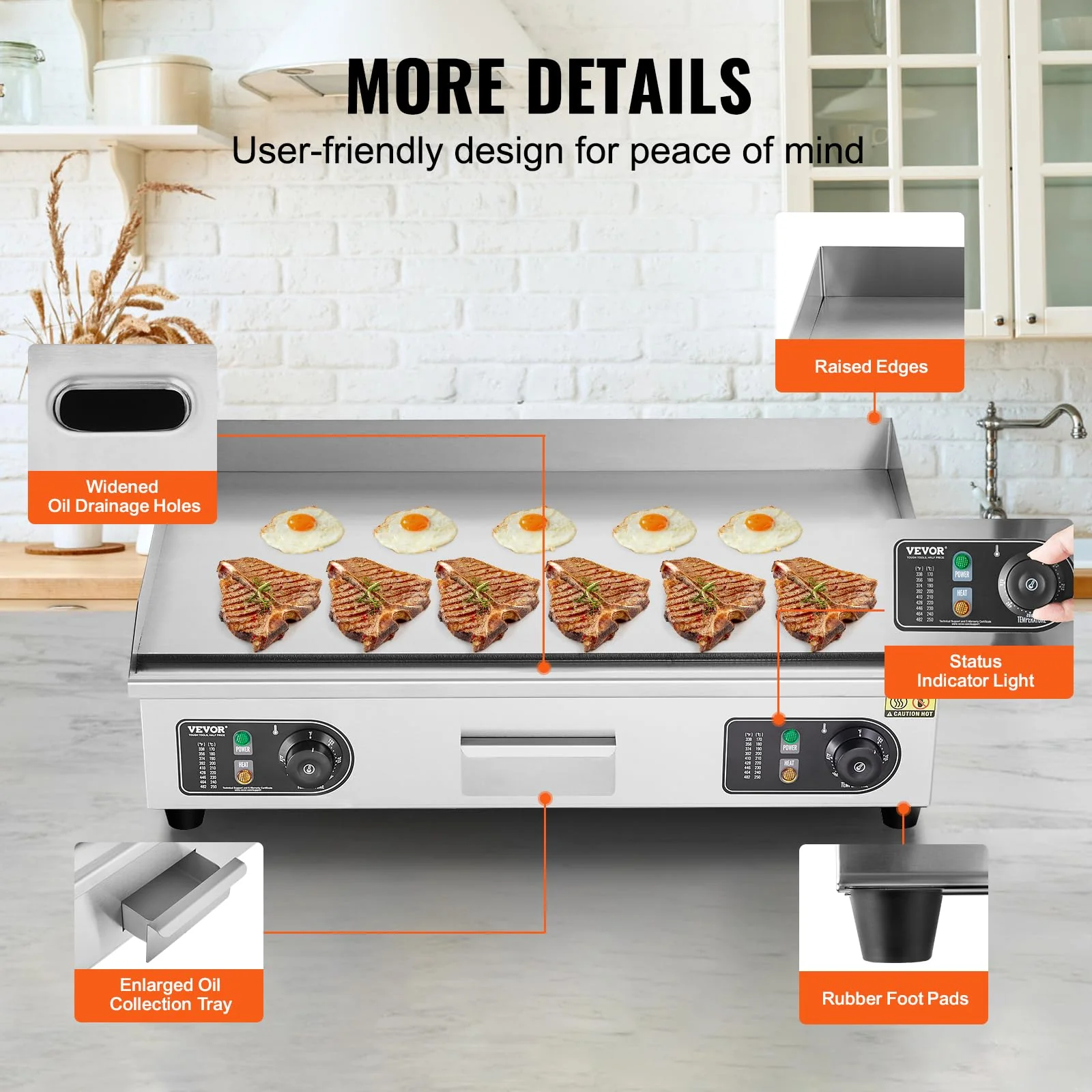 VEVOR Commercial Electric Griddle, 2800W Countertop Flat Top Grill, 122℉-572 ℉ Adjustable Temp, 29in Stainless Steel Griddle Grill with 2 Shovels and 2 Brushes for Home or Restaurant(110V No Plug) - Image 5