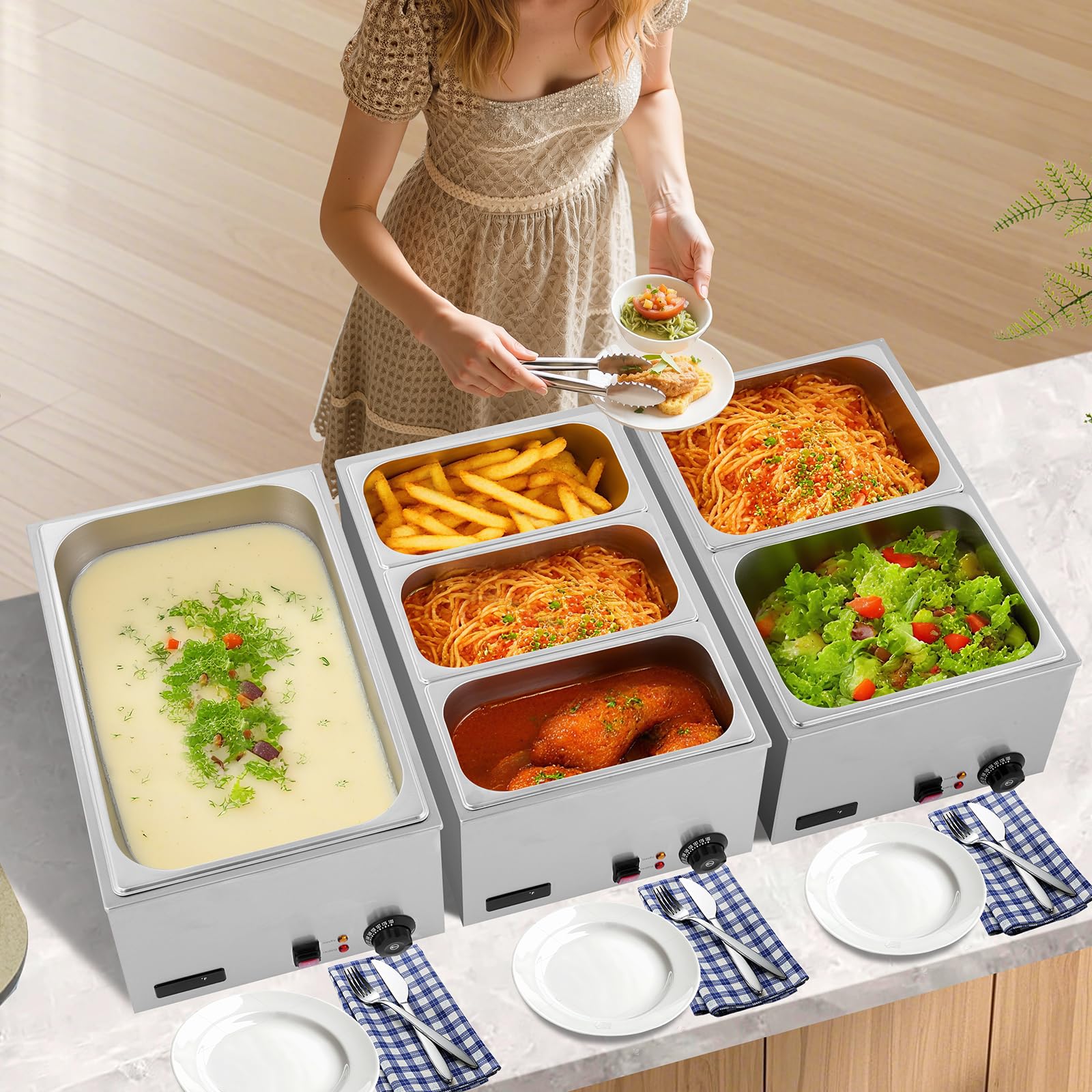 VEVOR Commercial Food Warmer, 1200W Electric Stainless Steel Steam Food Warmer, Fast Heating Countertop Buffet Bain Marie with Soup & Perforated Ladles, for Catering, Restaurants, Parties, Buffets - Image 2