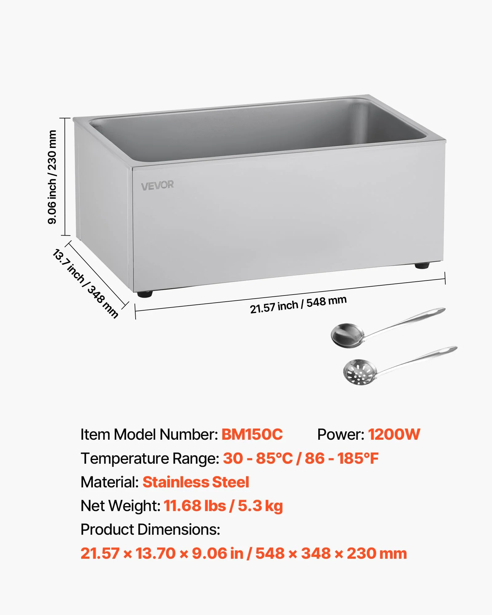 VEVOR Commercial Food Warmer, 1200W Electric Stainless Steel Steam Food Warmer, Fast Heating Countertop Buffet Bain Marie with Soup & Perforated Ladles, for Catering, Restaurants, Parties, Buffets - Image 3