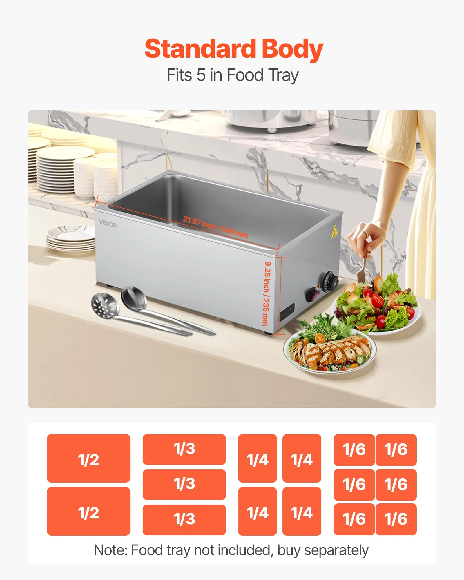 VEVOR Commercial Food Warmer, 1200W Electric Stainless Steel Steam Food Warmer, Fast Heating Countertop Buffet Bain Marie with Soup & Perforated Ladles, for Catering, Restaurants, Parties, Buffets - Image 7