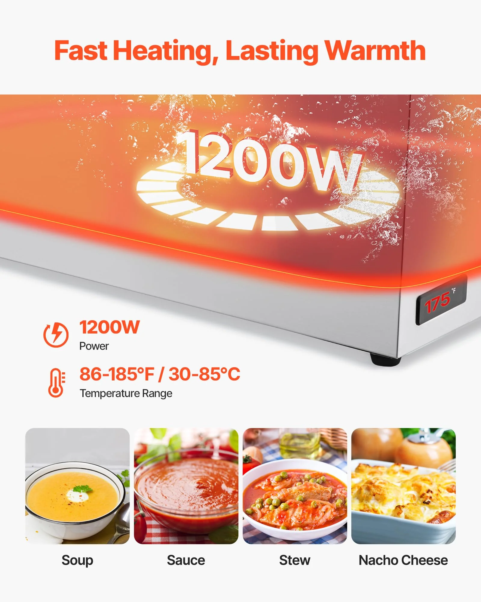 VEVOR Commercial Food Warmer, 1200W Electric Stainless Steel Steam Food Warmer, Fast Heating Countertop Buffet Bain Marie with Soup & Perforated Ladles, for Catering, Restaurants, Parties, Buffets - Image 8