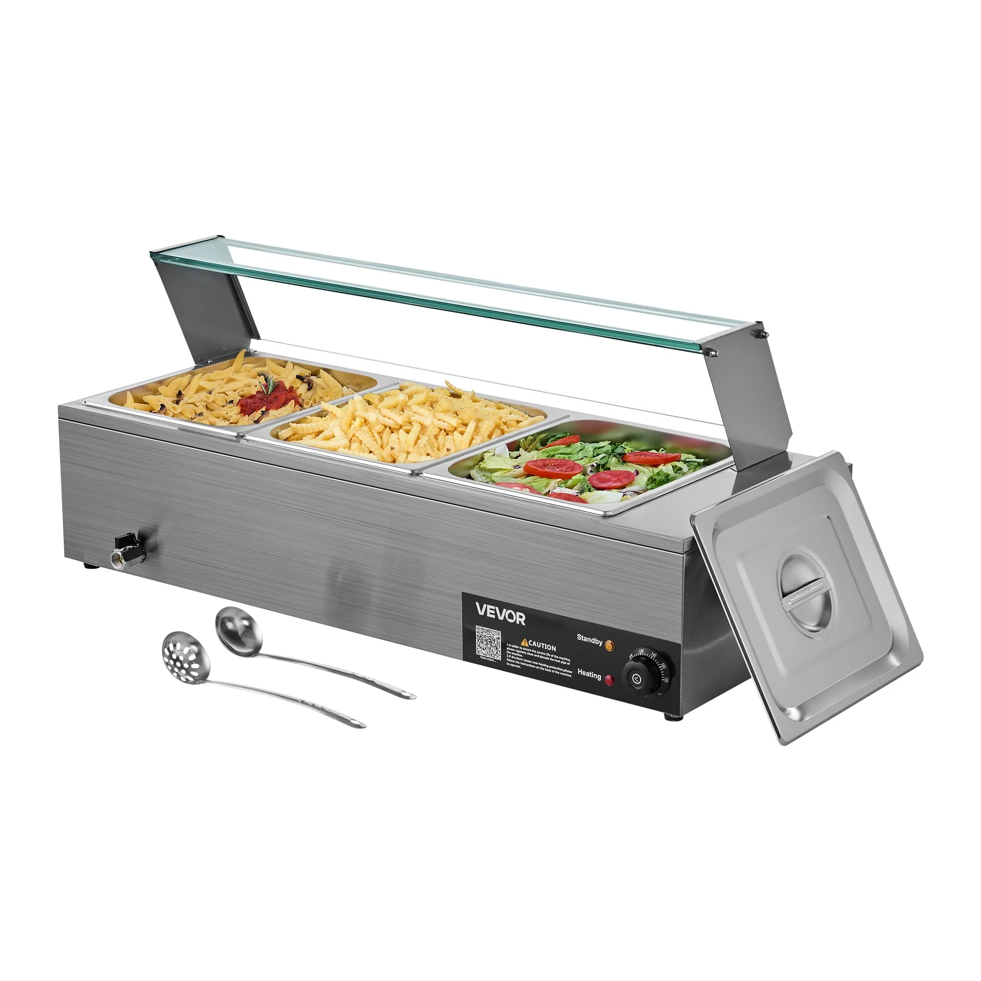 VEVOR Commercial Food Warmer, 1500W Electric Stainless Steel Steam Food Warmer with Glass Cover, 3-Pan Countertop Buffet Bain Marie with Soup & Perforated Ladles, for Catering, Restaurant & Party - Image 2