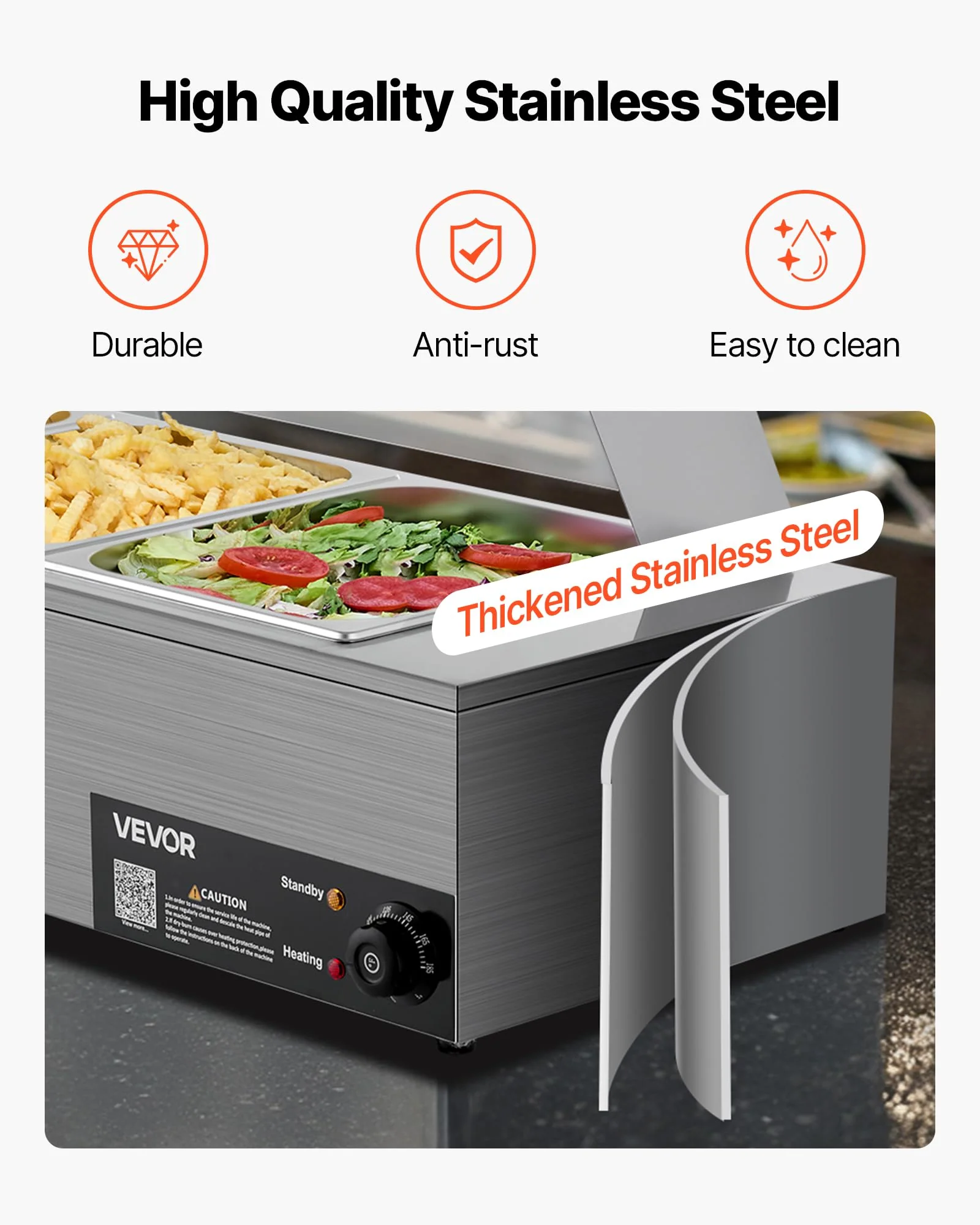 VEVOR Commercial Food Warmer, 1500W Electric Stainless Steel Steam Food Warmer with Glass Cover, 3-Pan Countertop Buffet Bain Marie with Soup & Perforated Ladles, for Catering, Restaurant & Party - Image 6