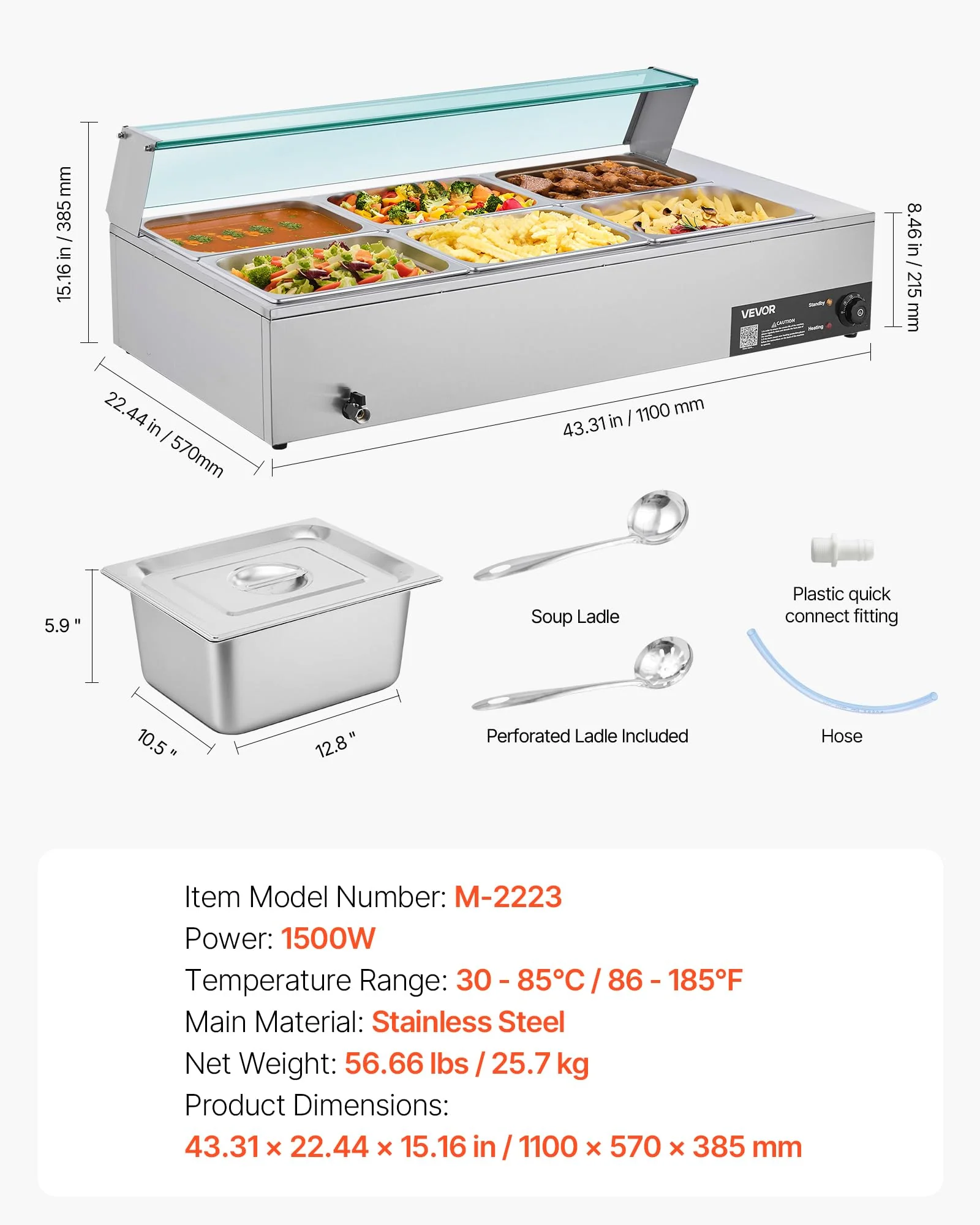 VEVOR Commercial Food Warmer, 1500W Electric Stainless Steel Steam Food Warmer with Glass Cover, 6 x 1/2 Size Pans Buffet Bain Marie with Soup & Perforated Ladles, for Catering, Restaurant & Party - Image 4