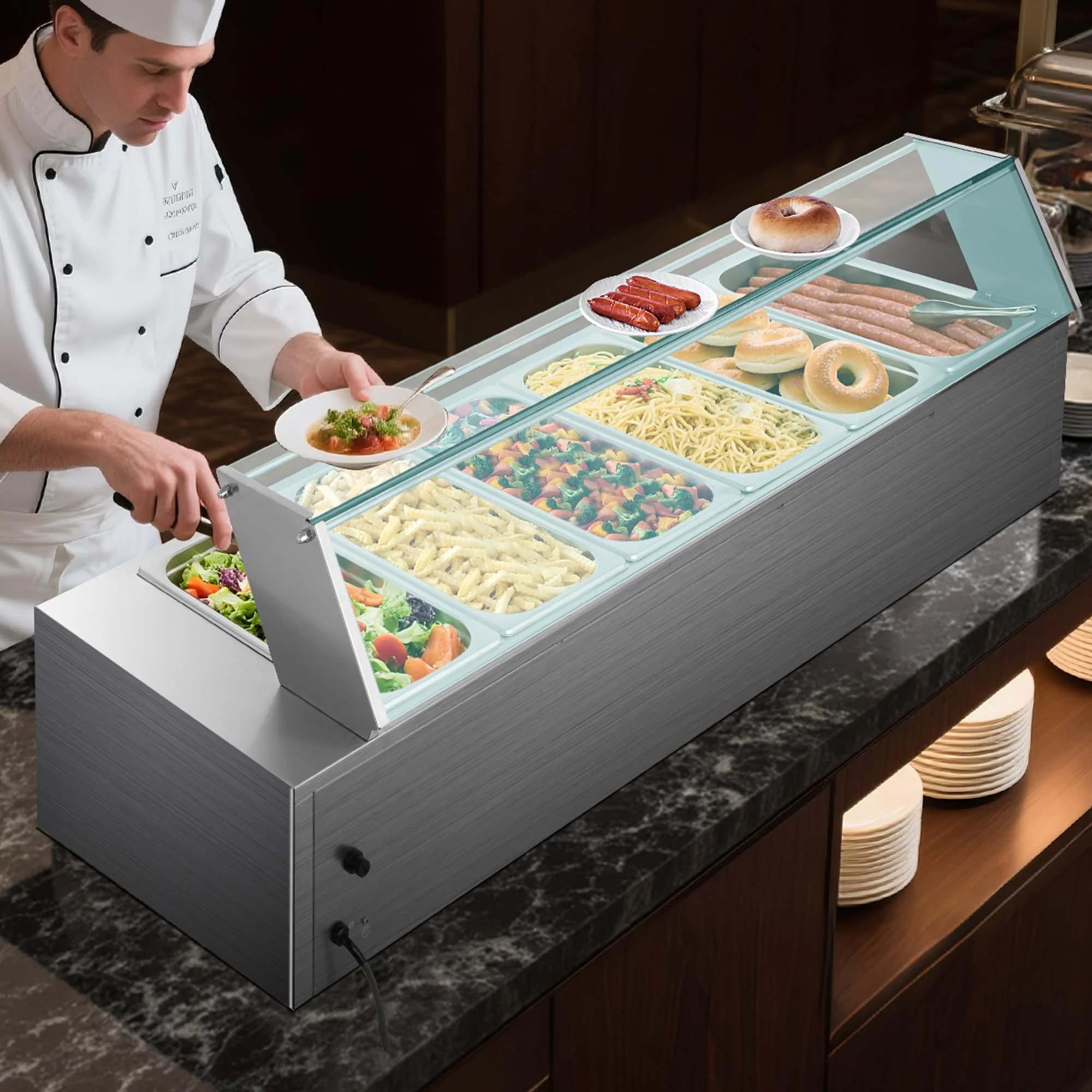 VEVOR Commercial Food Warmer, 1500W Electric Stainless Steel Steam Food Warmer with Glass Cover, 6 x 1/3 Size Pans Buffet Bain Marie with Soup & Perforated Ladles, for Catering, Restaurant & Party - Image 3