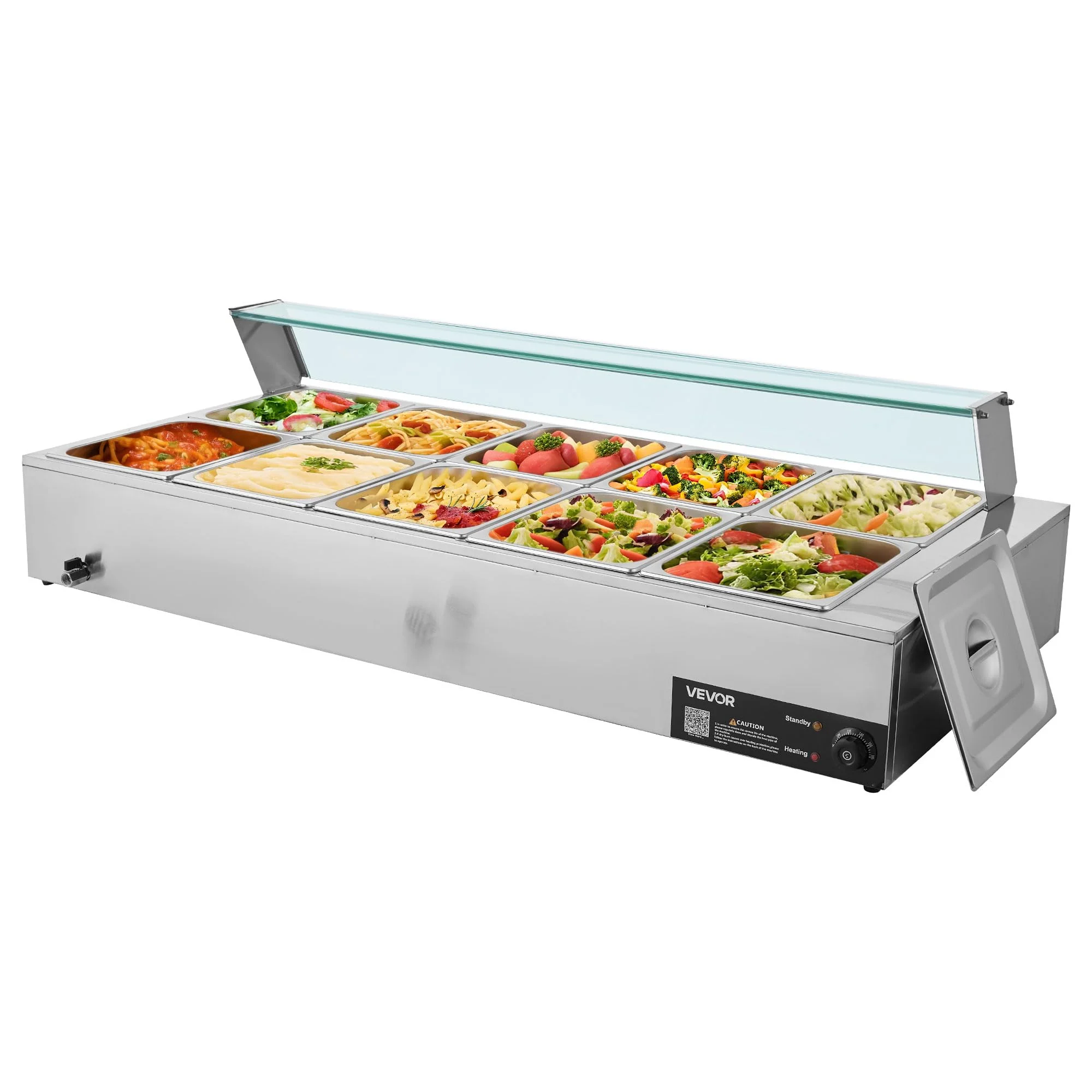 VEVOR Commercial Food Warmer, 1700W Electric Stainless Steel Steam Food Warmer with Glass Cover, 10-Pan Countertop Buffet Bain Marie with Soup & Perforated Ladles, for Catering, Restaurant & Party - Image 2