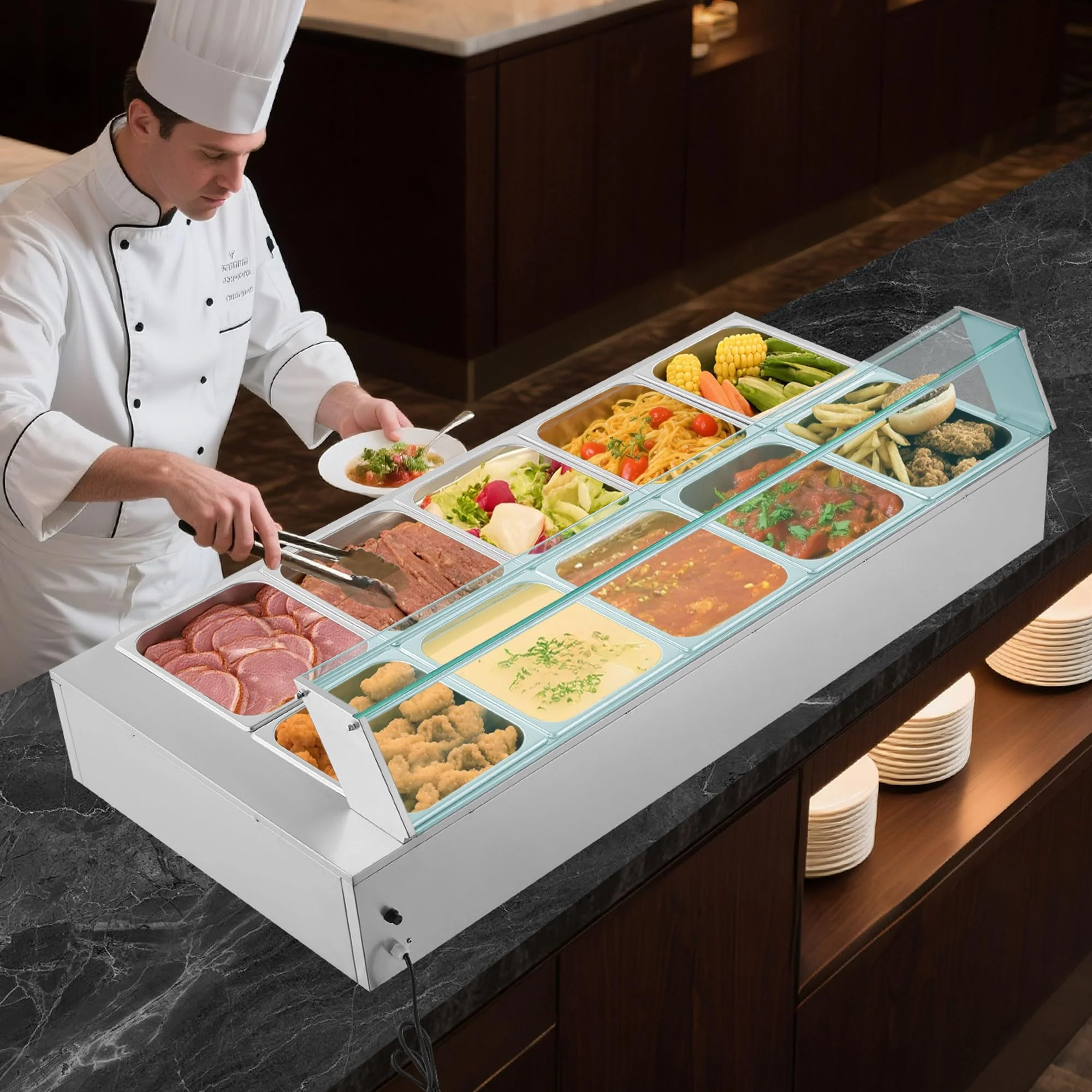 VEVOR Commercial Food Warmer, 1700W Electric Stainless Steel Steam Food Warmer with Glass Cover, 10-Pan Countertop Buffet Bain Marie with Soup & Perforated Ladles, for Catering, Restaurant & Party - Image 3