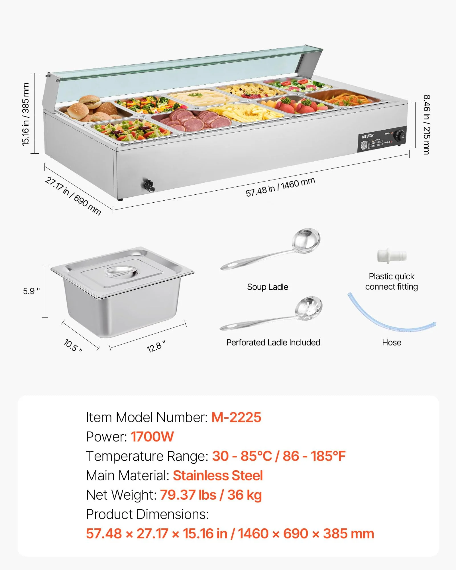 VEVOR Commercial Food Warmer, 1700W Electric Stainless Steel Steam Food Warmer with Glass Cover, 10-Pan Countertop Buffet Bain Marie with Soup & Perforated Ladles, for Catering, Restaurant & Party - Image 4