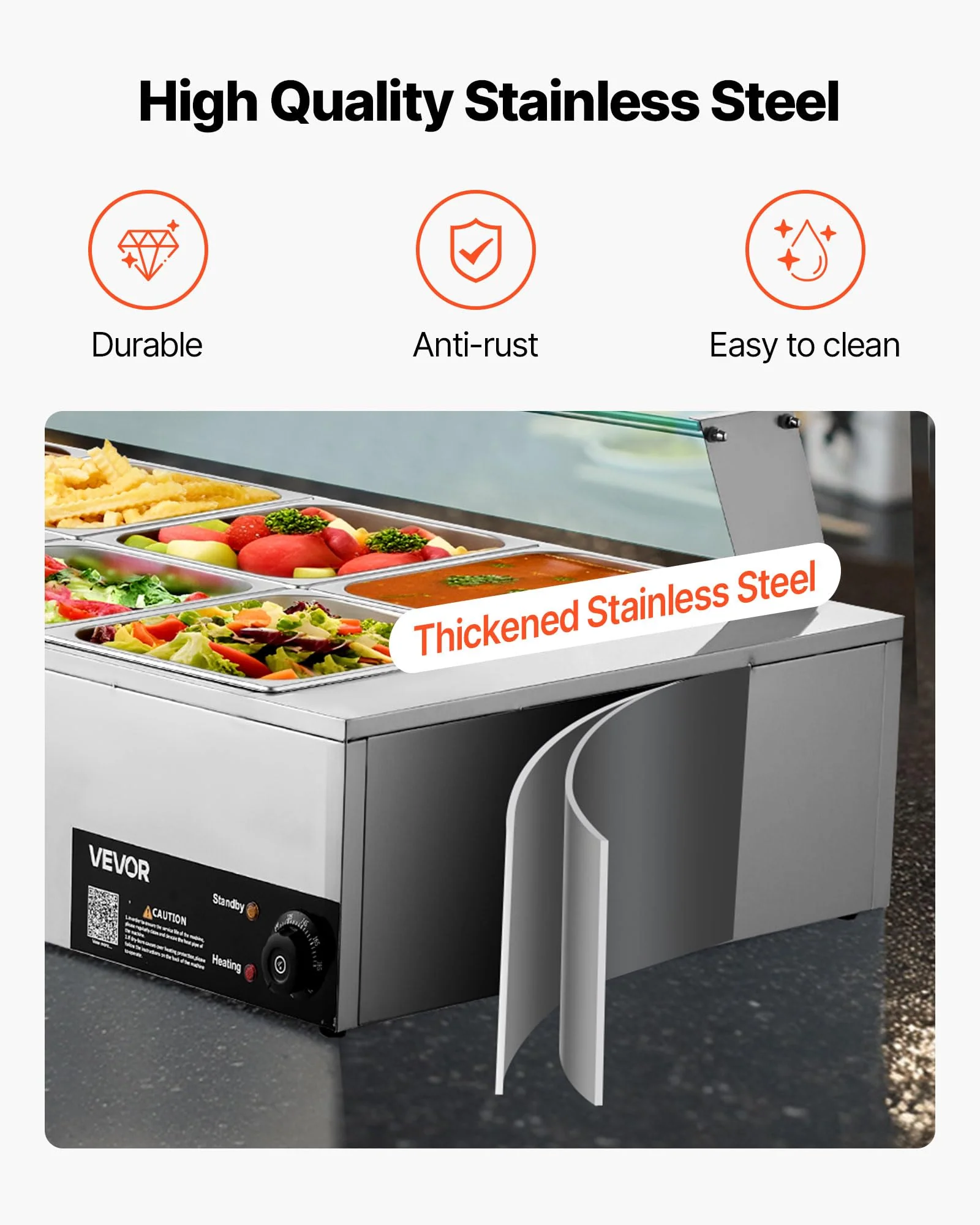 VEVOR Commercial Food Warmer, 1700W Electric Stainless Steel Steam Food Warmer with Glass Cover, 10-Pan Countertop Buffet Bain Marie with Soup & Perforated Ladles, for Catering, Restaurant & Party - Image 6