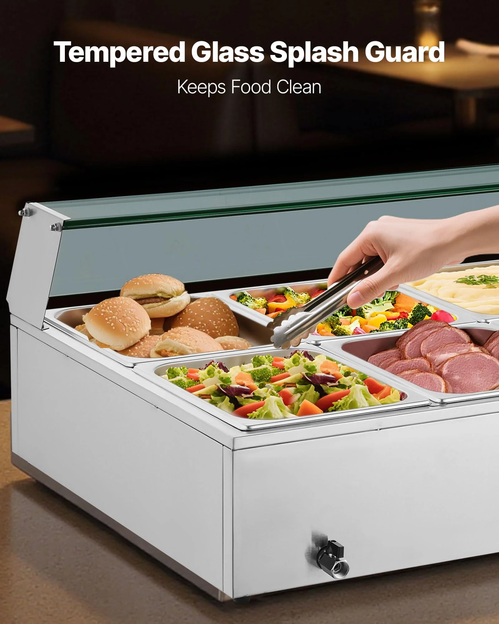 VEVOR Commercial Food Warmer, 1700W Electric Stainless Steel Steam Food Warmer with Glass Cover, 10-Pan Countertop Buffet Bain Marie with Soup & Perforated Ladles, for Catering, Restaurant & Party - Image 7