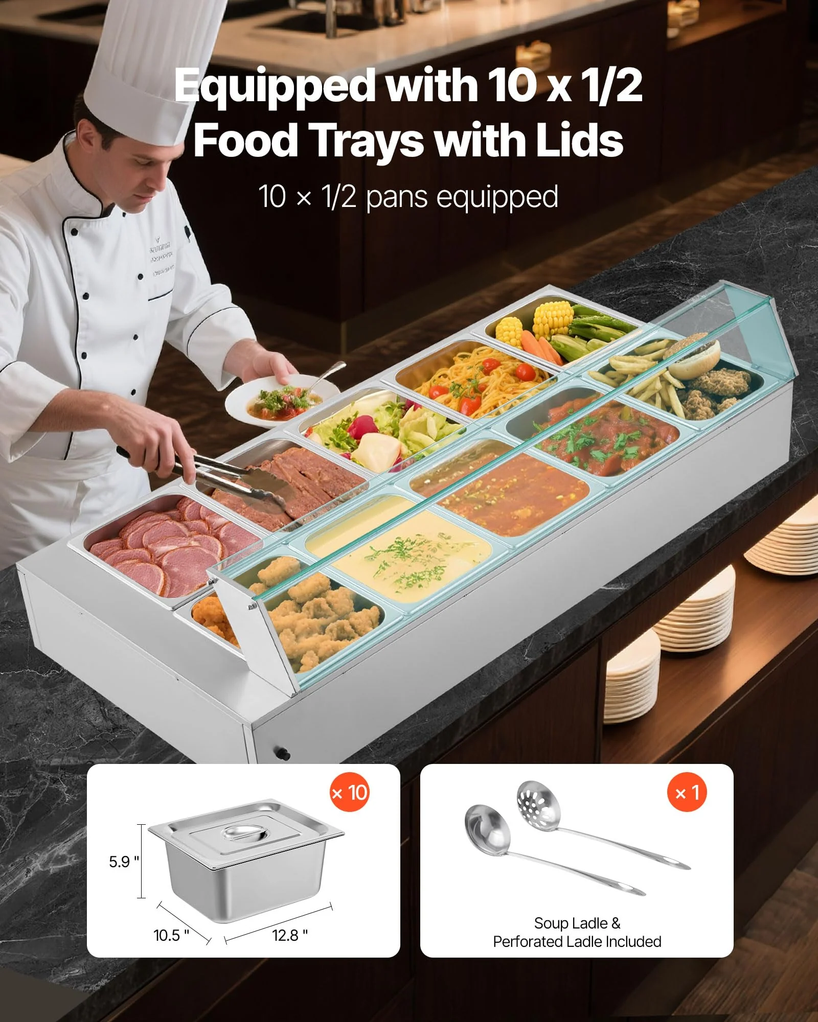 VEVOR Commercial Food Warmer, 1700W Electric Stainless Steel Steam Food Warmer with Glass Cover, 10-Pan Countertop Buffet Bain Marie with Soup & Perforated Ladles, for Catering, Restaurant & Party - Image 8